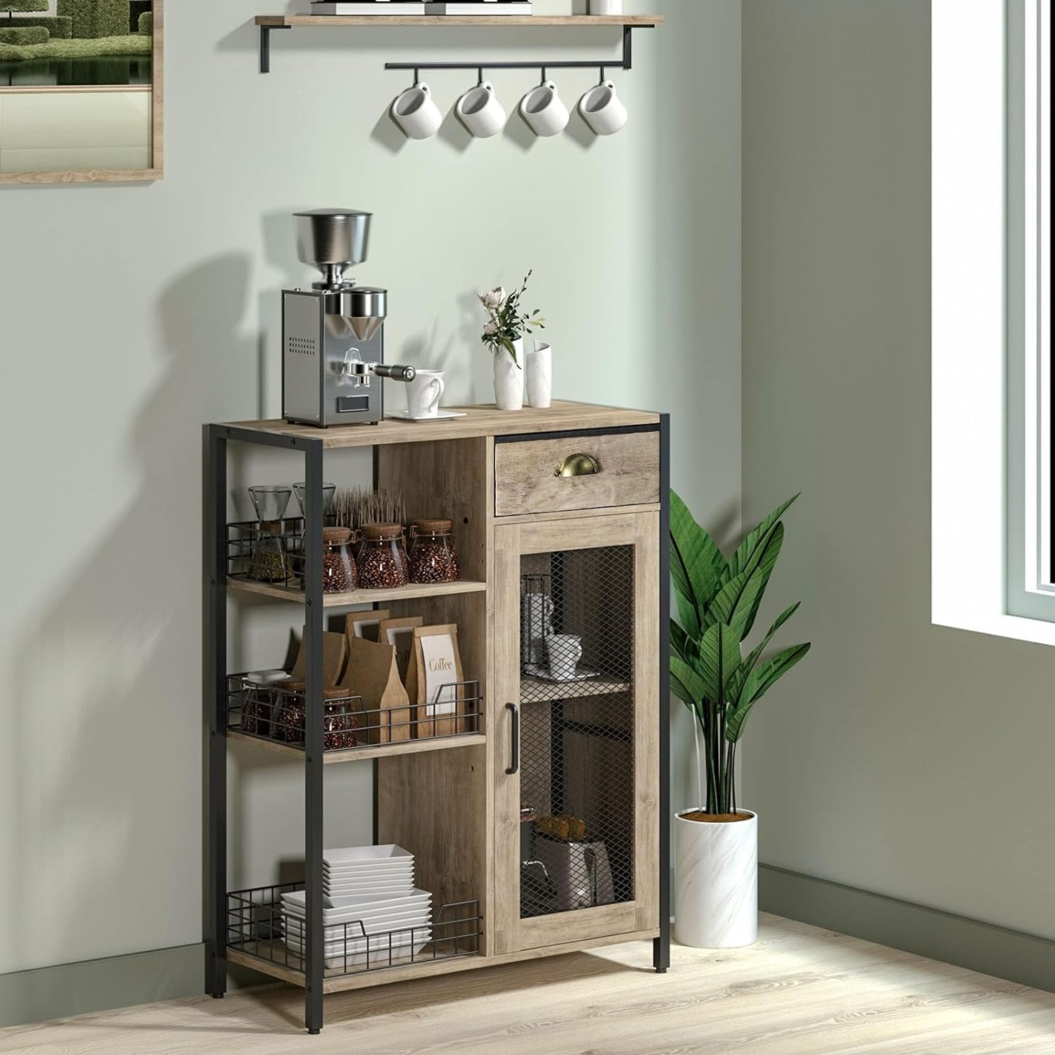 Mesa de café X-Cosrack de 3 niveles con cajón de almacenamiento, estante ajustable de 35,8 de alto, mesa de café tipo granja para esquina, cocina, comedor, licorera, mesa de centro de madera rústica, gris