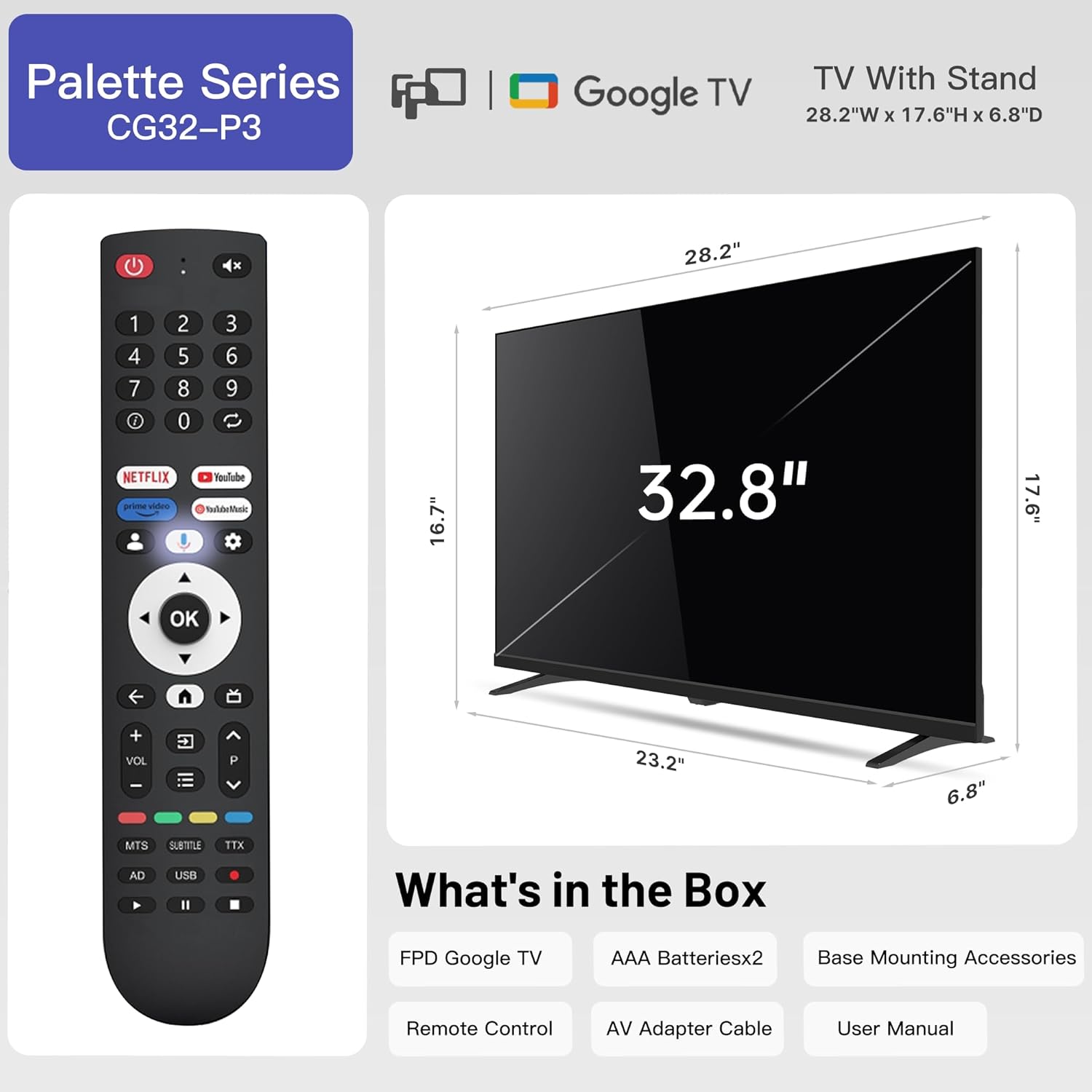 Smart TV da 32 pollici Google TV HD 720p con Google Play e Google Cast integrati, HDR 10, Dolby Audio, telecomando vocale, streaming TV in diretta (serie Palette, CG32-P3, modello 2024)