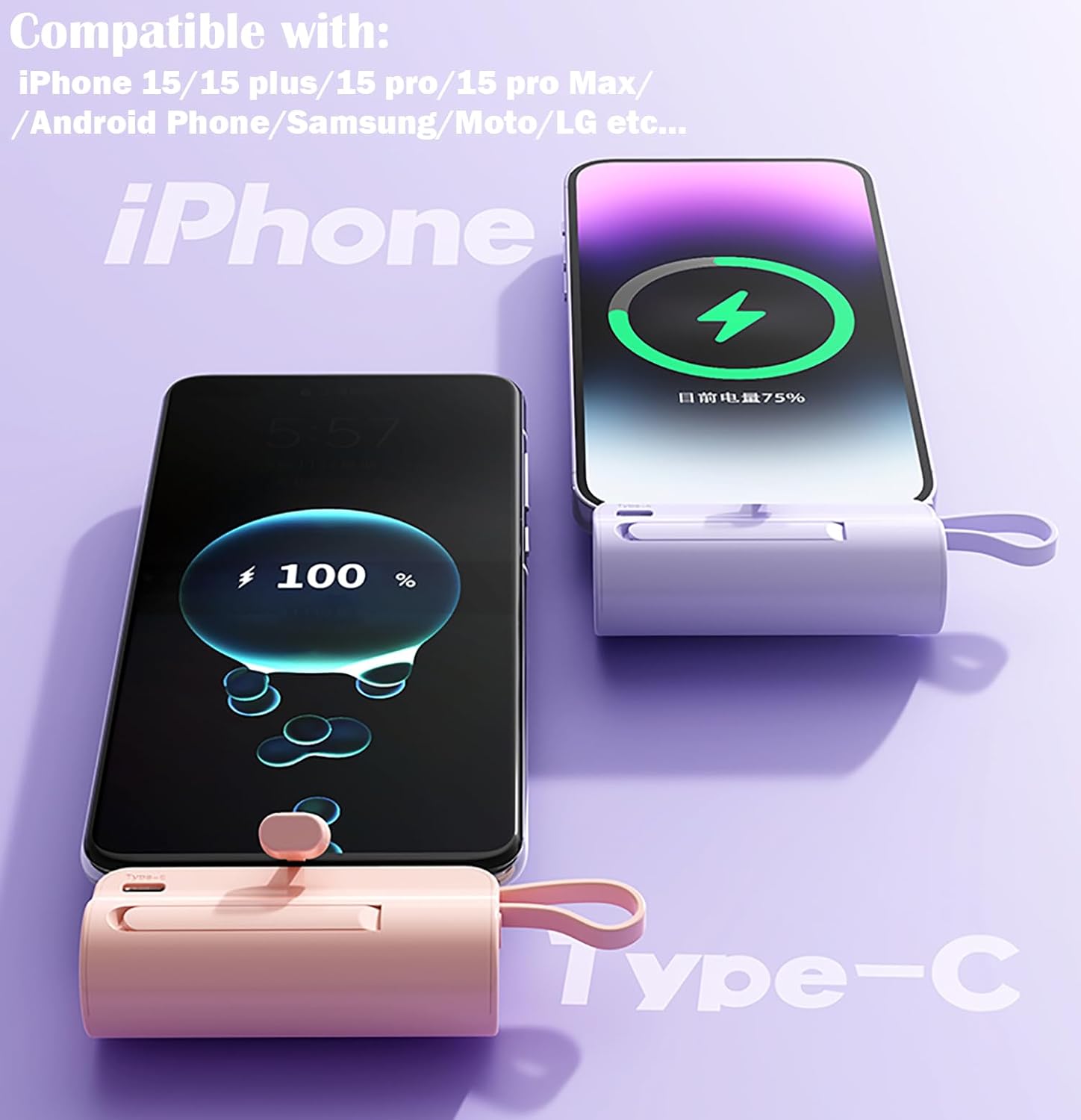 Mini batterie externe, chargeur de téléphone à capsule 5500 mAh, chargeur portable avec deux ports USB-C pour iPhone 15/15 Plus/15 Pro/15 Pro Max/Téléphone Android/Samsung/Moto/LG, etc. (violet)