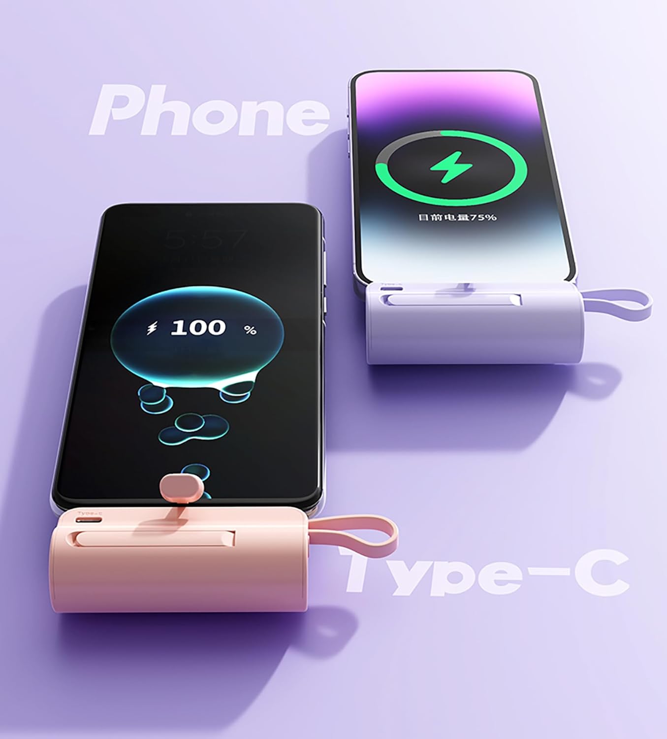 Mini batterie externe, chargeur de téléphone à capsule 5500 mAh, chargeur portable avec deux ports USB-C pour iPhone 15/15 Plus/15 Pro/15 Pro Max/Téléphone Android/Samsung/Moto/LG, etc. (violet)