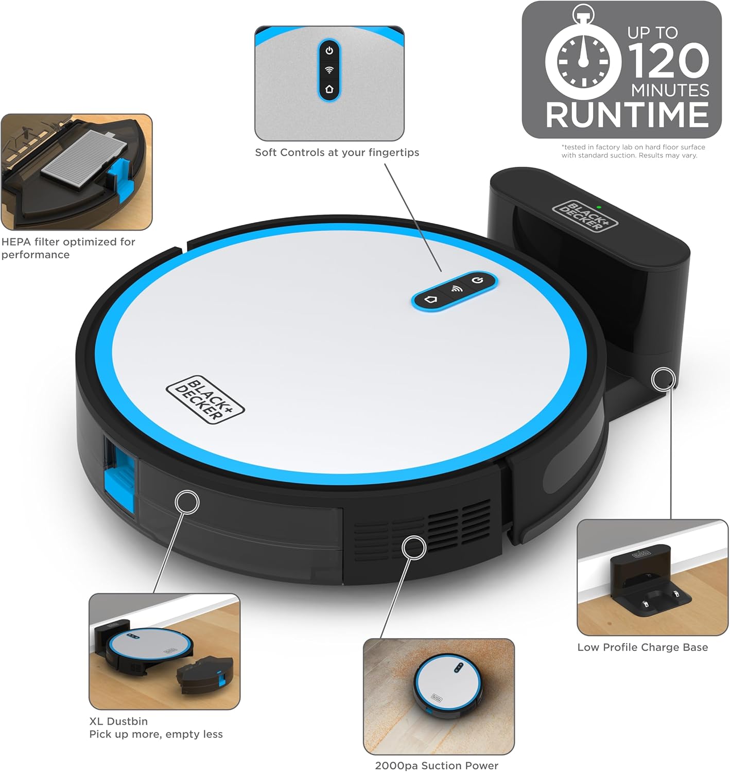 Robot aspirapolvere BLACK DECKER Roboseries - Aspirazione 2000 Pa, mappatura intelligente, telecomando tramite app, 120 minuti di autonomia, ricarica automatica, funziona con Alexa, perfetto per pavimenti duri, tappeti, peli di animali domestici, moquette bassa