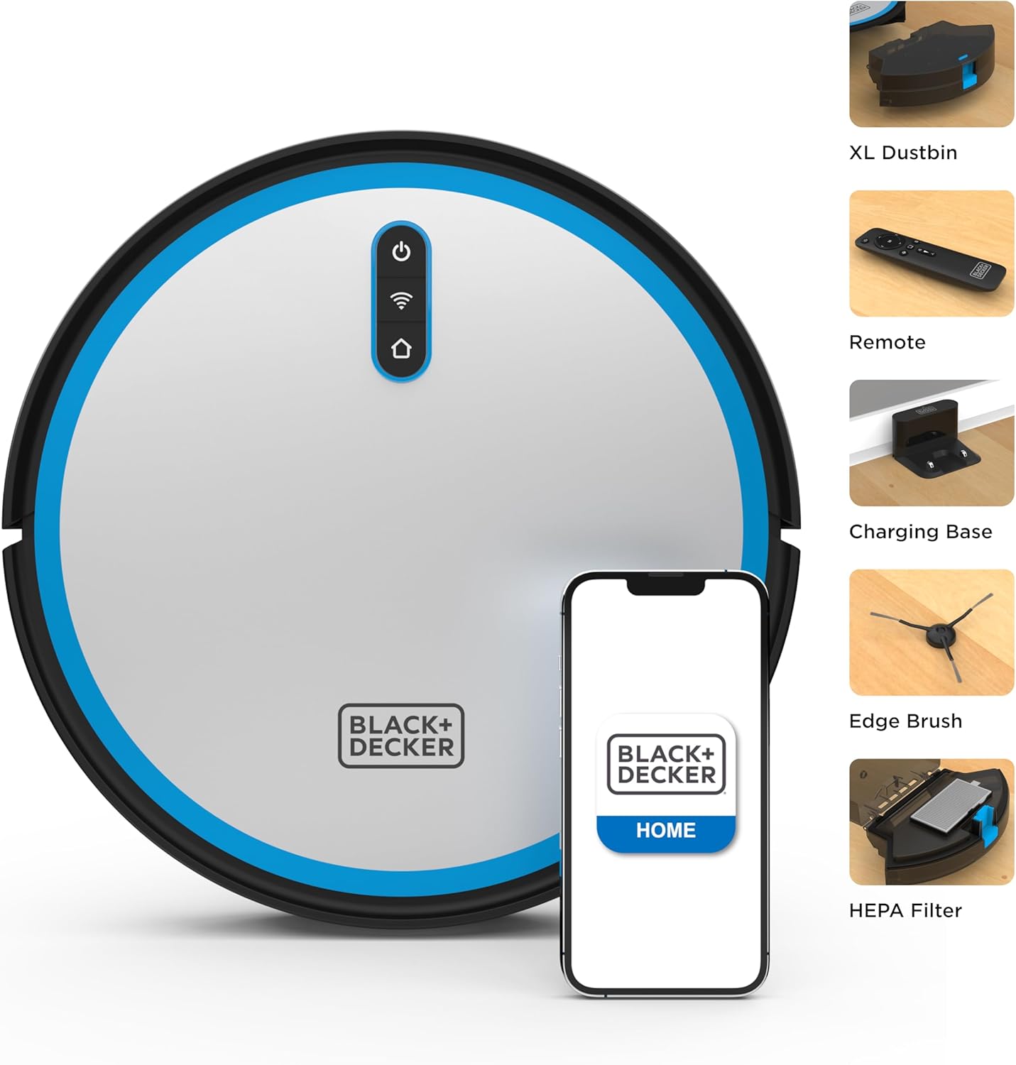 Robot aspirapolvere BLACK DECKER Roboseries - Aspirazione 2000 Pa, mappatura intelligente, telecomando tramite app, 120 minuti di autonomia, ricarica automatica, funziona con Alexa, perfetto per pavimenti duri, tappeti, peli di animali domestici, moquette bassa