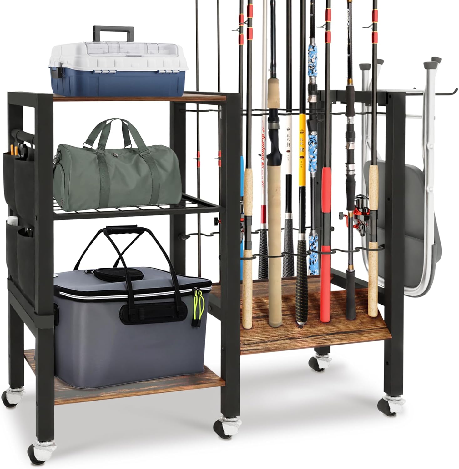 Angelrutenhalter, Organizer für Angelausrüstung, Angelrutenhalter für die Garage, Angelrutenwagen, für bis zu 12 Ruten, 3 Stockwerke, 32,8 Zoll x 12 Zoll