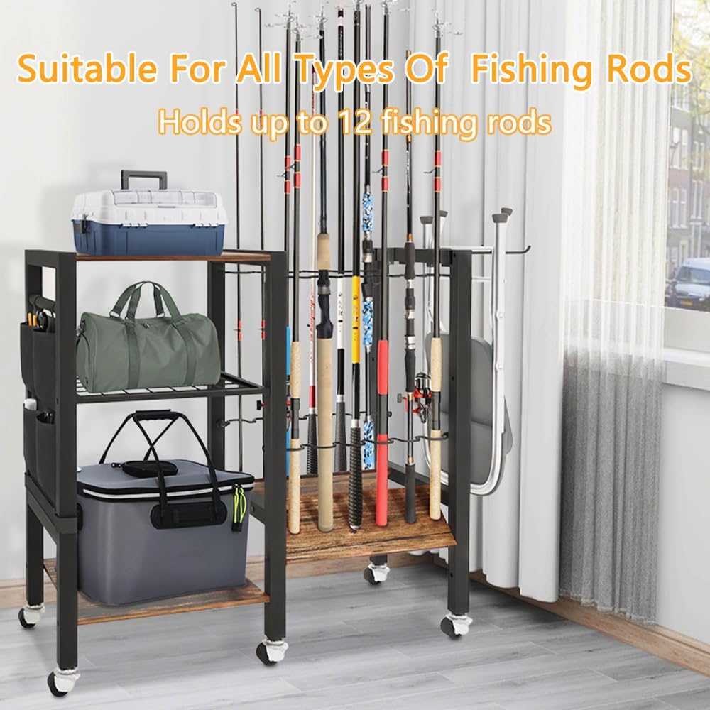 Angelrutenhalter, Organizer für Angelausrüstung, Angelrutenhalter für die Garage, Angelrutenwagen, für bis zu 12 Ruten, 3 Stockwerke, 32,8 Zoll x 12 Zoll