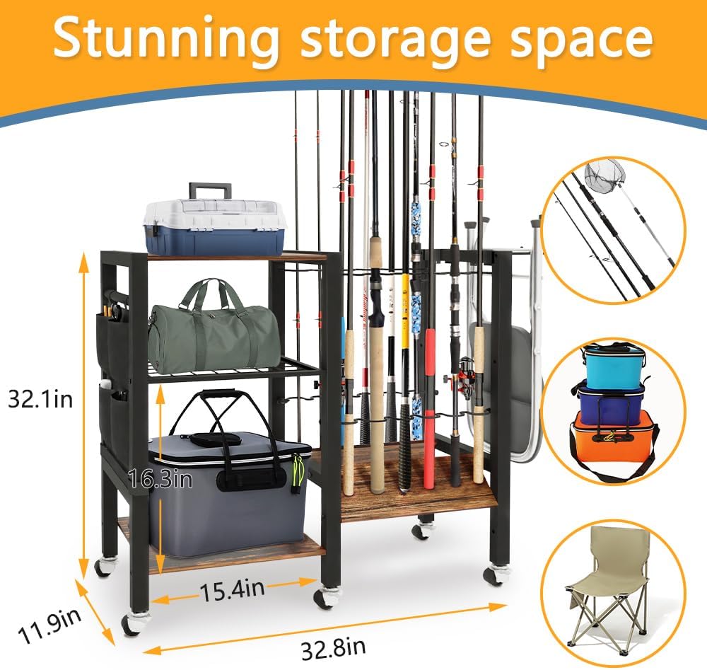 Angelrutenhalter, Organizer für Angelausrüstung, Angelrutenhalter für die Garage, Angelrutenwagen, für bis zu 12 Ruten, 3 Stockwerke, 32,8 Zoll x 12 Zoll