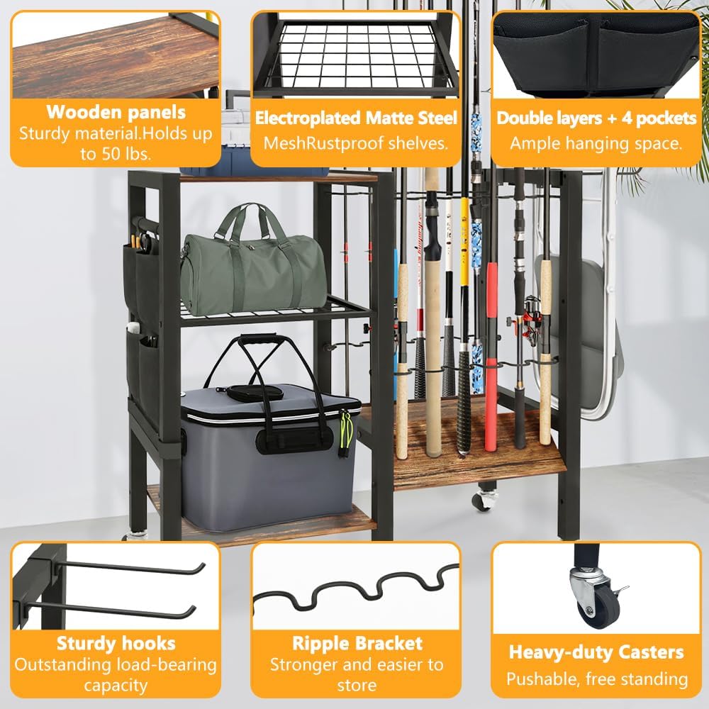 Angelrutenhalter, Organizer für Angelausrüstung, Angelrutenhalter für die Garage, Angelrutenwagen, für bis zu 12 Ruten, 3 Stockwerke, 32,8 Zoll x 12 Zoll