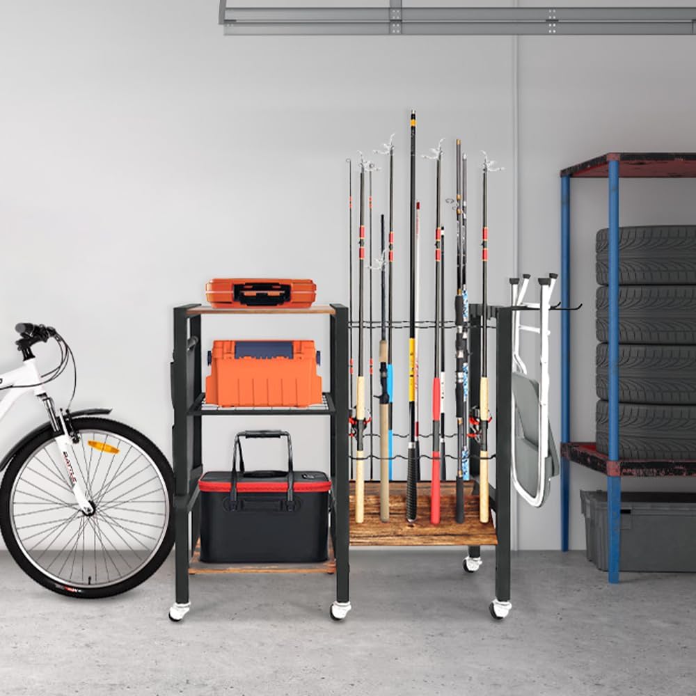 Angelrutenhalter, Organizer für Angelausrüstung, Angelrutenhalter für die Garage, Angelrutenwagen, für bis zu 12 Ruten, 3 Stockwerke, 32,8 Zoll x 12 Zoll