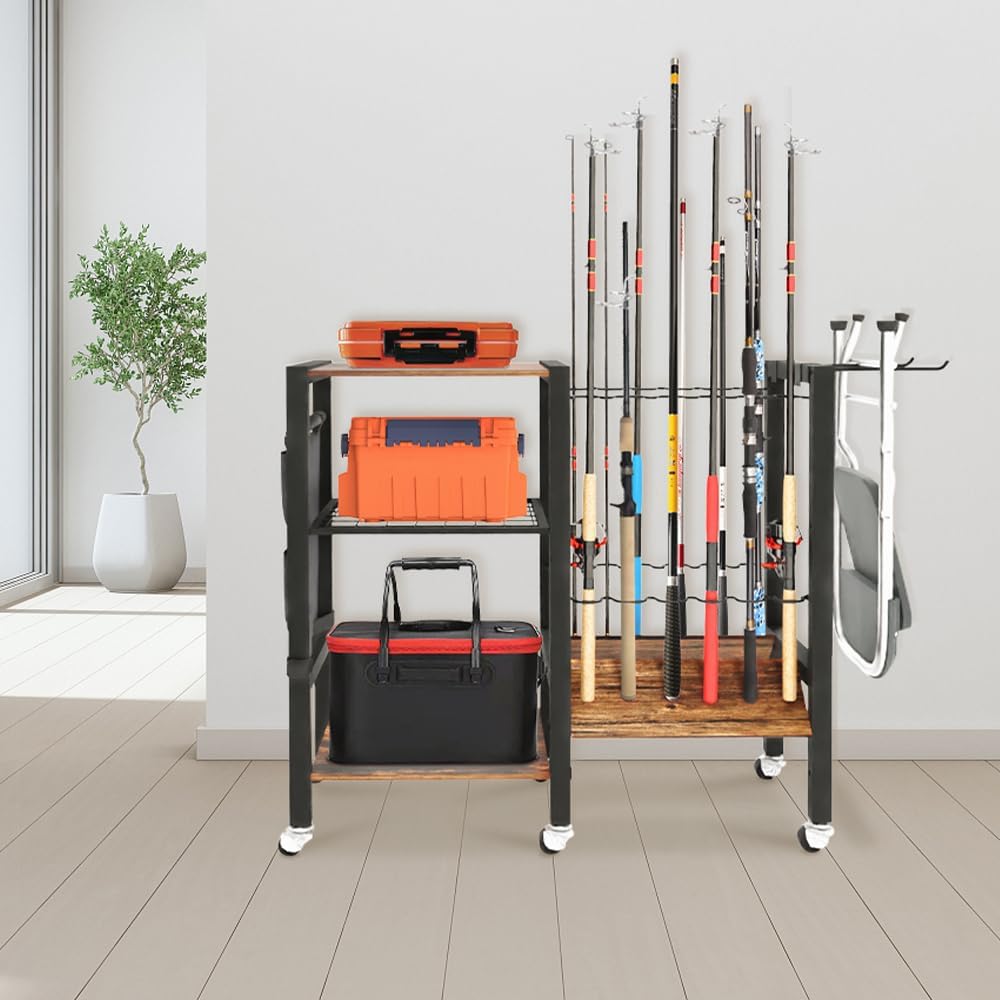 Angelrutenhalter, Organizer für Angelausrüstung, Angelrutenhalter für die Garage, Angelrutenwagen, für bis zu 12 Ruten, 3 Stockwerke, 32,8 Zoll x 12 Zoll