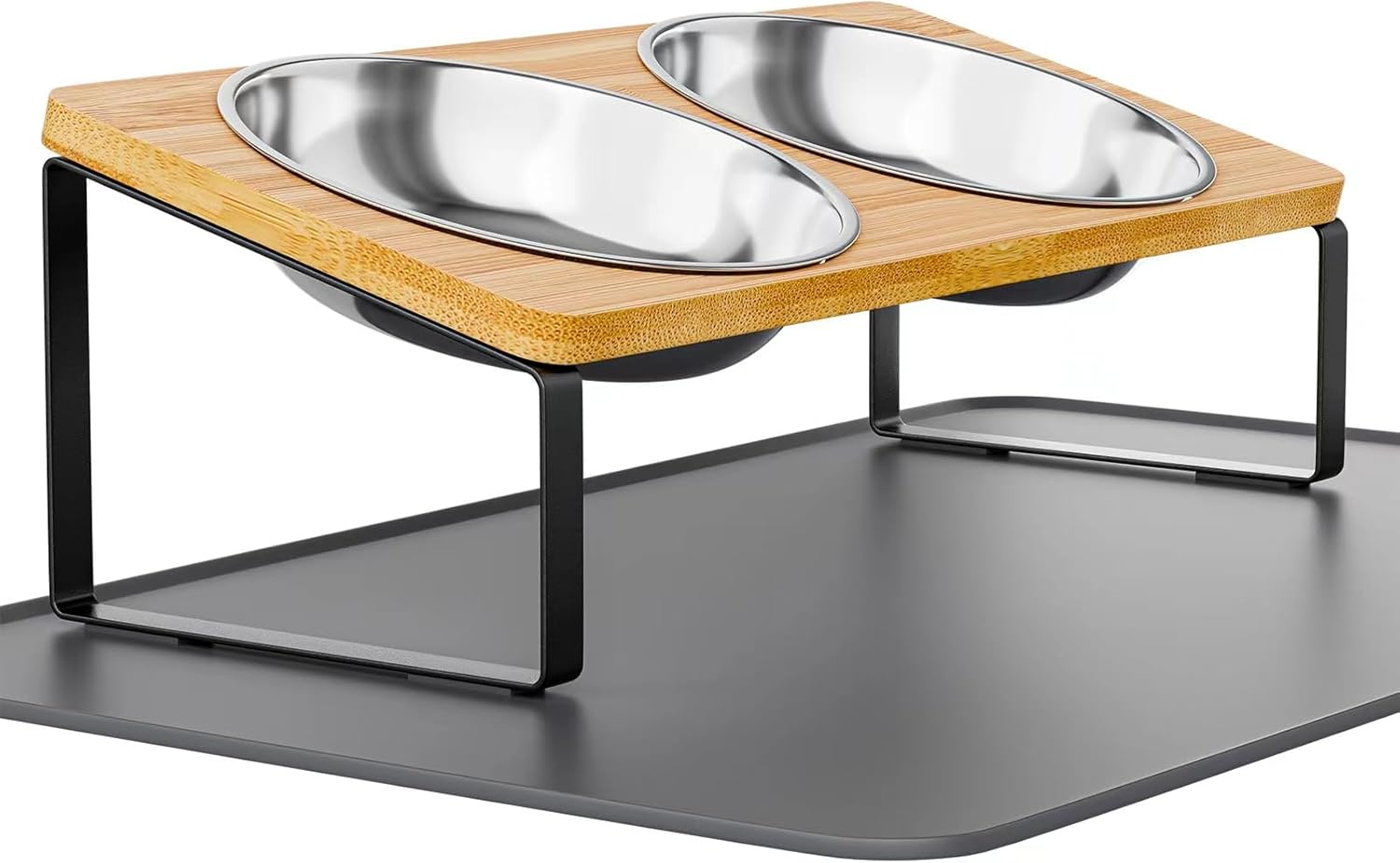 Bols surélevés pour chats adaptés aux moustaches, bols à nourriture pour chats avec tapis de nourriture en silicone, support incliné à 15°, plats pour chats surélevés anti-vomissements pour la nourriture et l'eau, 2 bols en acier inoxydable pour chats et chiots