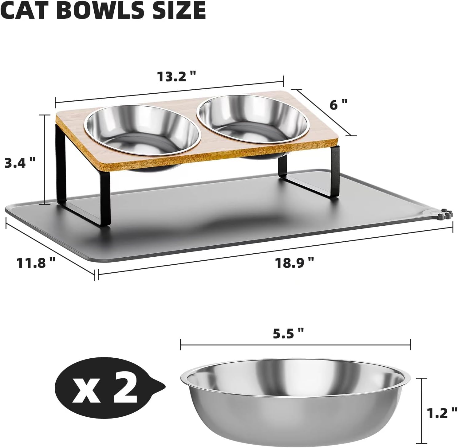 Yükseltilmiş Kedi Kaseleri Bıyık Dostu, Silikon Gıda Matlı Kedi Maması Kaseleri, 15° Eğimli Stand Kusmayı Önleyici Yiyecek ve Su İçin Yükseltilmiş Kedi Yemekleri, Kediler ve Köpek Köpekleri için 2 Paslanmaz Çelik Kase