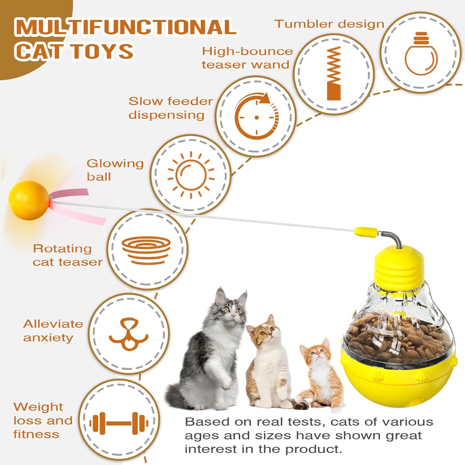 Cat Treat Toy for Indoor Cats,Food Toys Interactive Spinning Funny Cat Food Puzzle Toys with Ball Bulb Cat Self Play Treat Dispenser Toys(Yellow) · v3