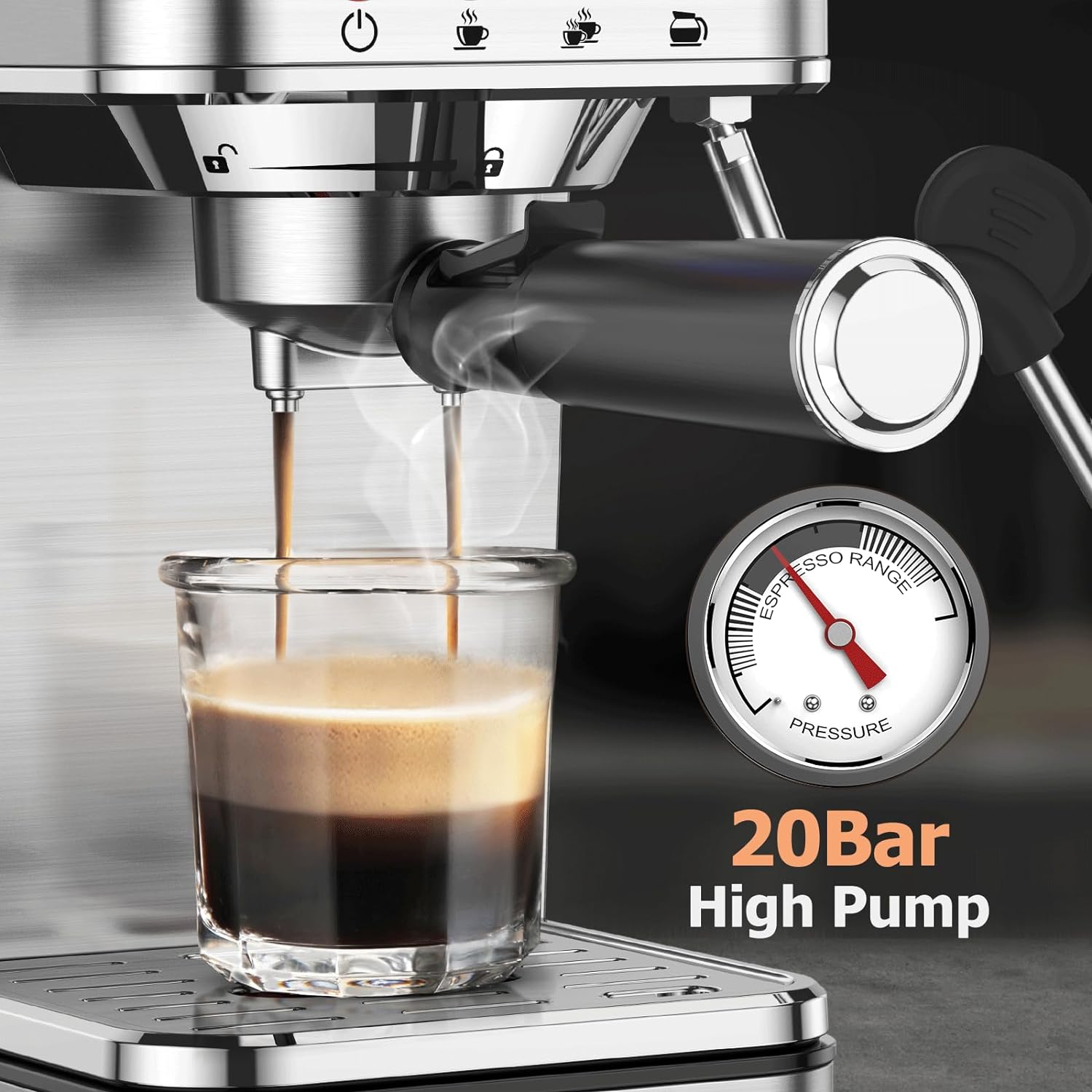 Máquinas de café espresso KOIOS, máquina de café espresso mejorada de 1200 W con varilla de vapor espumosa, cafetera espresso a vapor semiautomática de 20 bares para el hogar, máquina de café con café con café con depósito de agua extraíble de 58 oz