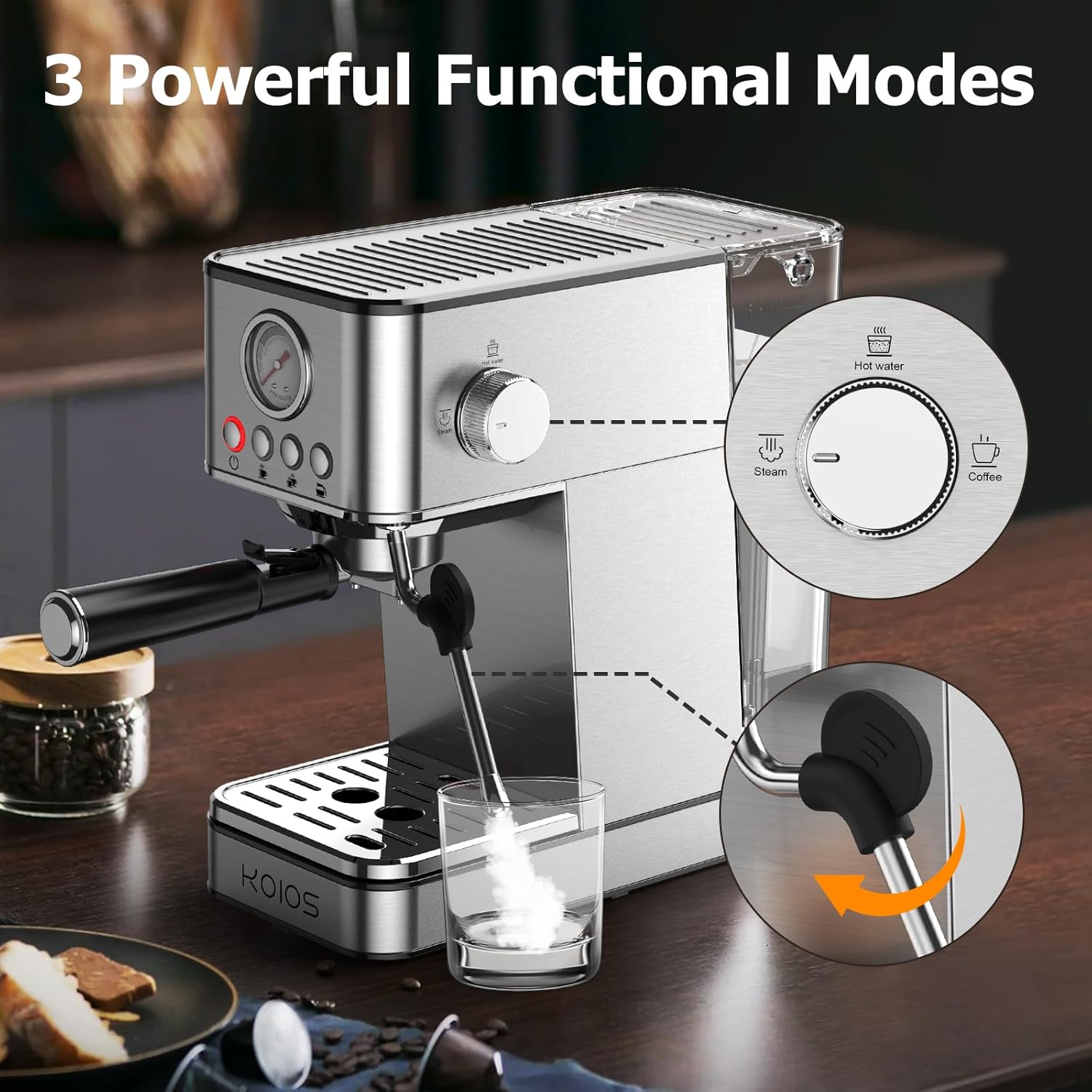 Máquinas de café espresso KOIOS, máquina de café espresso mejorada de 1200 W con varilla de vapor espumosa, cafetera espresso a vapor semiautomática de 20 bares para el hogar, máquina de café con café con café con depósito de agua extraíble de 58 oz