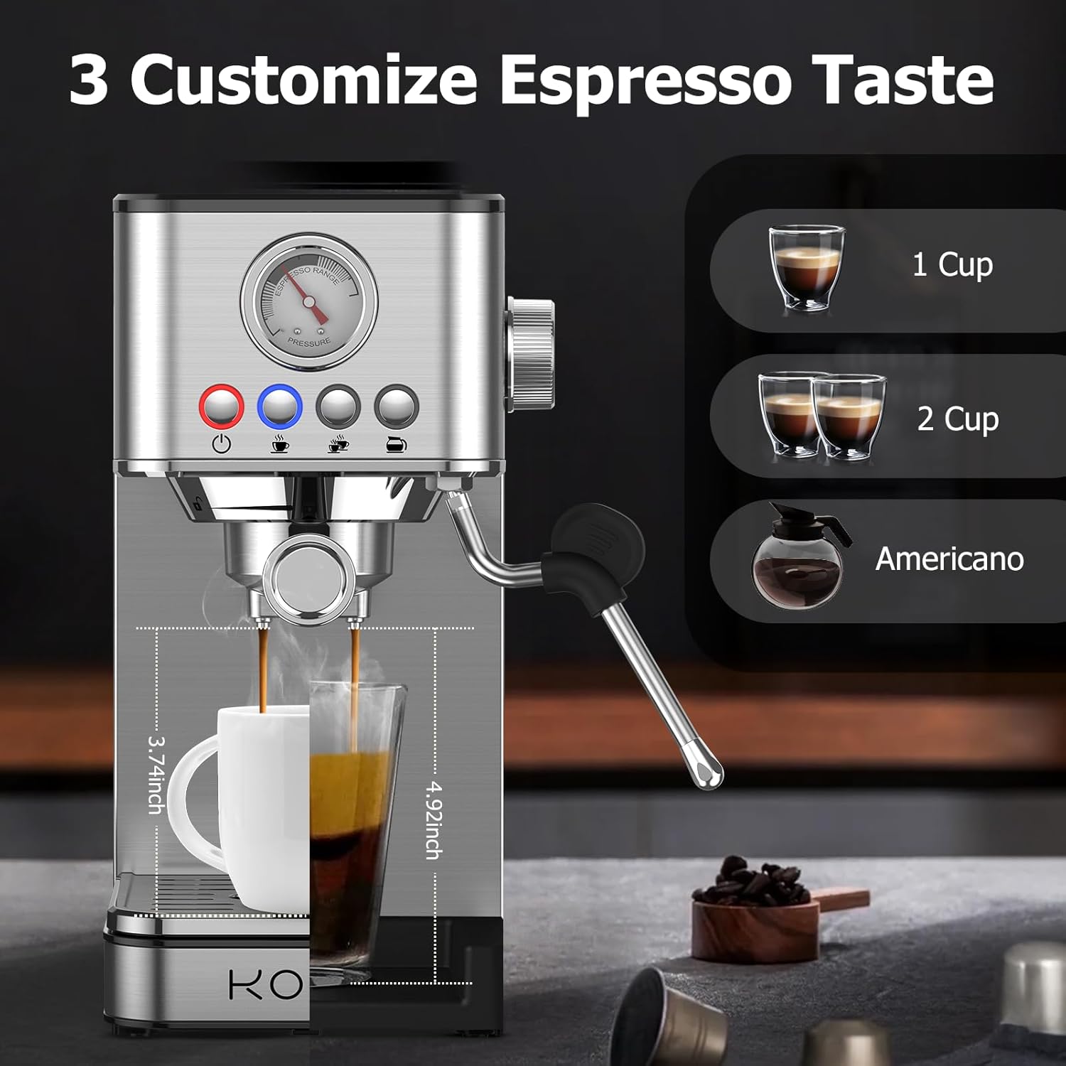 Máquinas de café espresso KOIOS, máquina de café espresso mejorada de 1200 W con varilla de vapor espumosa, cafetera espresso a vapor semiautomática de 20 bares para el hogar, máquina de café con café con café con depósito de agua extraíble de 58 oz