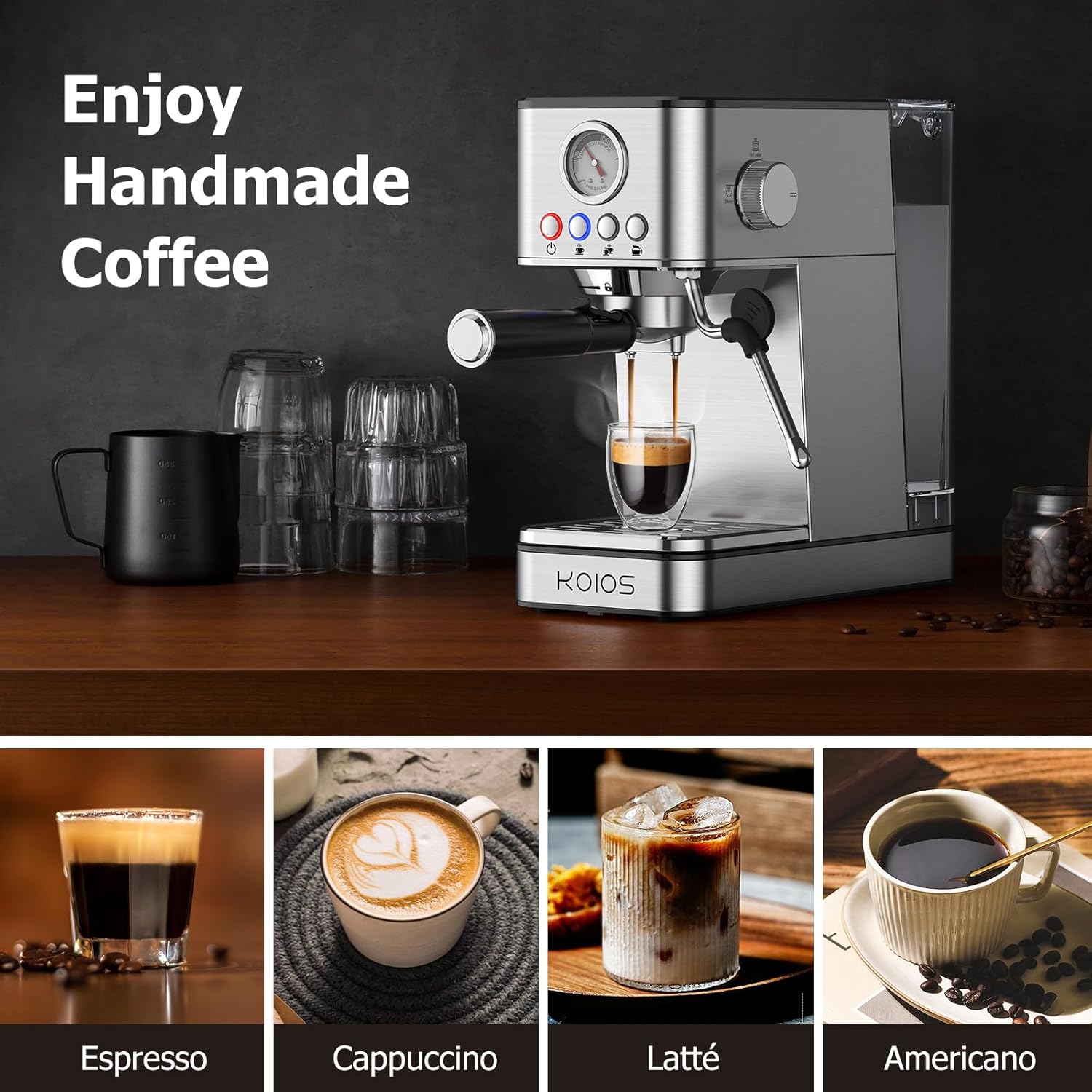 Máquinas de café espresso KOIOS, máquina de café espresso mejorada de 1200 W con varilla de vapor espumosa, cafetera espresso a vapor semiautomática de 20 bares para el hogar, máquina de café con café con café con depósito de agua extraíble de 58 oz