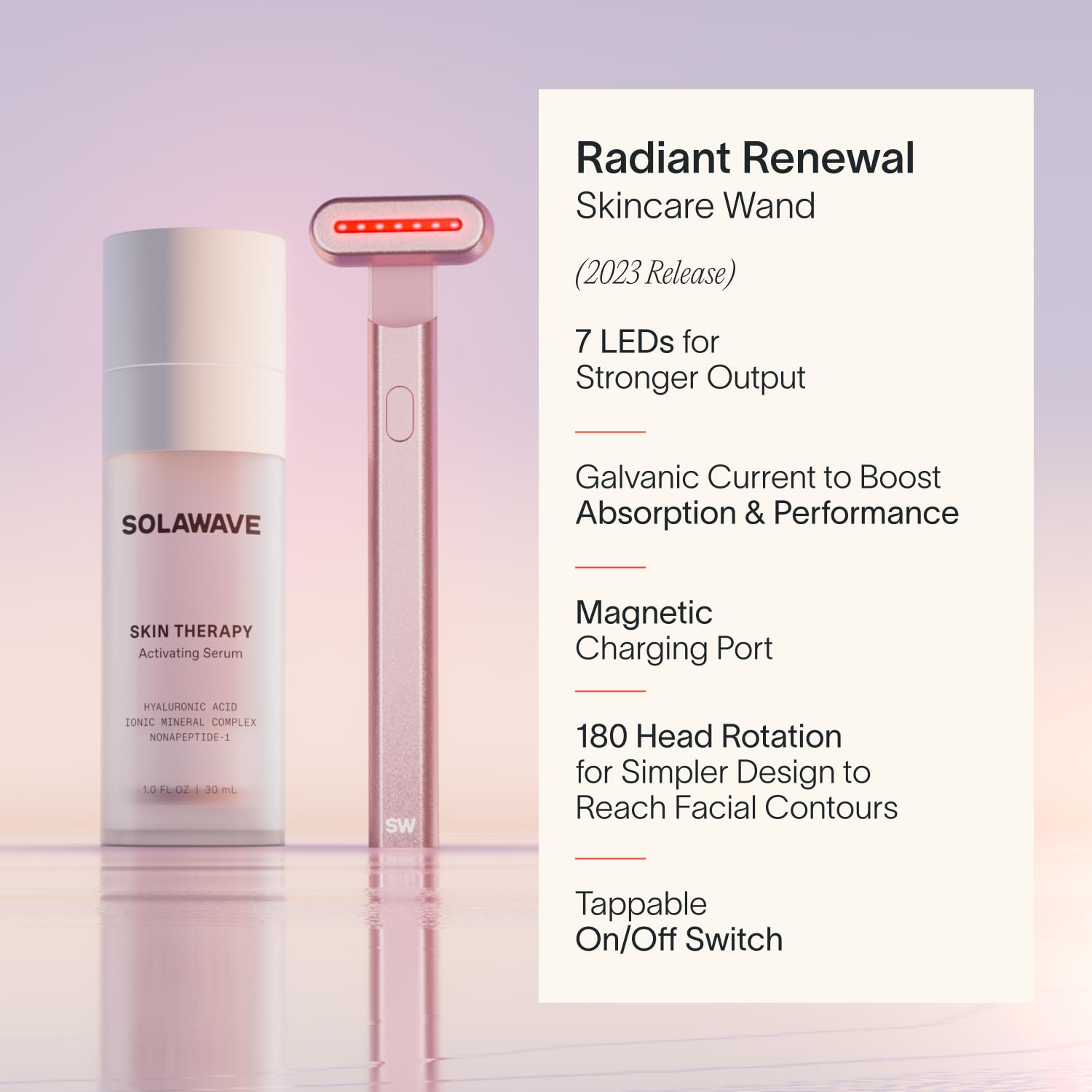 Pacchetto siero per la terapia della pelle con bacchetta facciale Radiant Renewal 4 in 1 Solawave | Terapia con luce rossa per viso e collo | Bacchetta e massaggiatore galvanici per la cura della pelle | Riduzione delle rughe antietà | Solawave Original