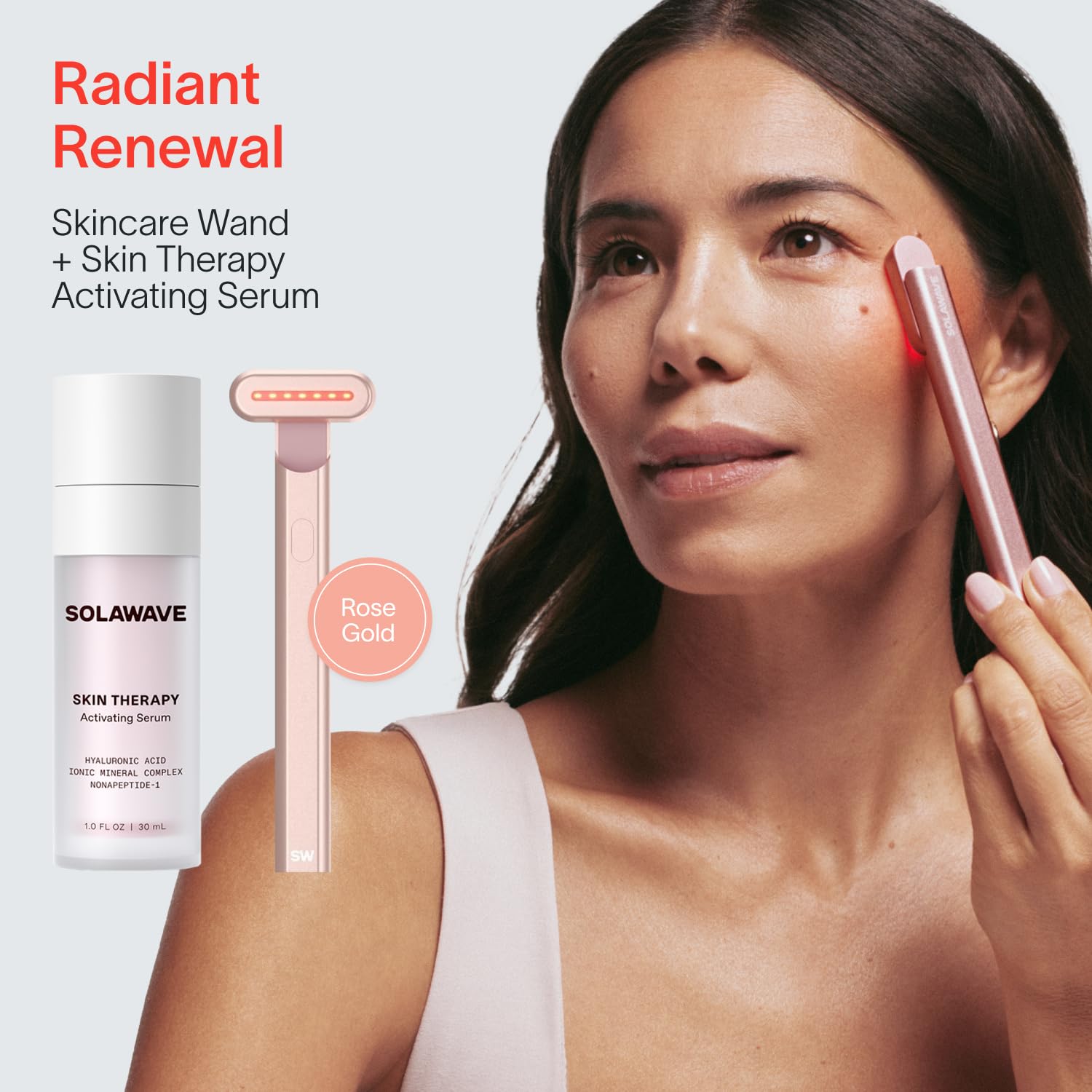 Pacchetto siero per la terapia della pelle con bacchetta facciale Radiant Renewal 4 in 1 Solawave | Terapia con luce rossa per viso e collo | Bacchetta e massaggiatore galvanici per la cura della pelle | Riduzione delle rughe antietà | Solawave Original