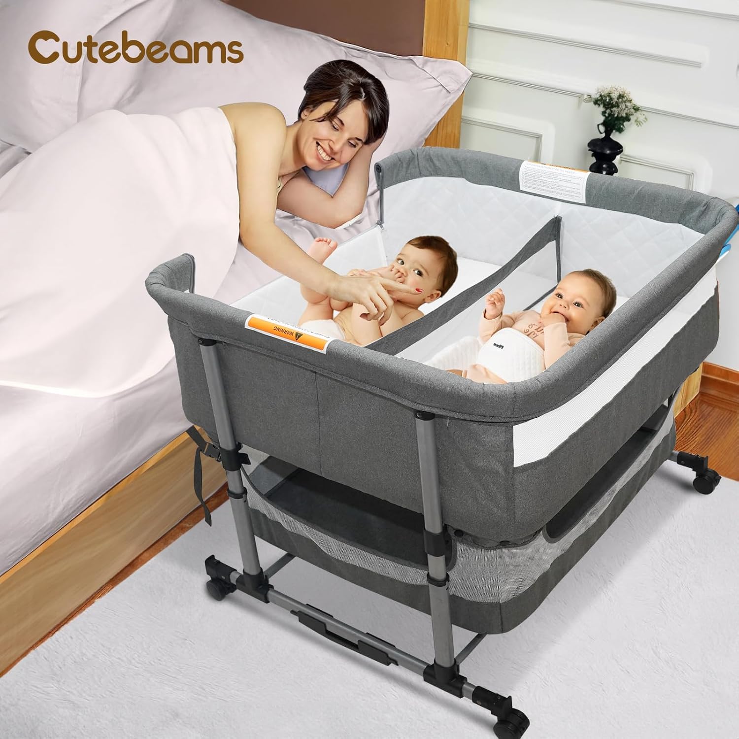 Podwójny bassinet dla 2 dzieci, łóżko typu 3 w 1 z łóżkiem podwójnym łóżeczkiem dla bliźniaków，bujana bassinet dla dziecka z kółkami i koszem do przechowywania, łatwe składane, regulowane przenośne łóżeczko dla noworodków