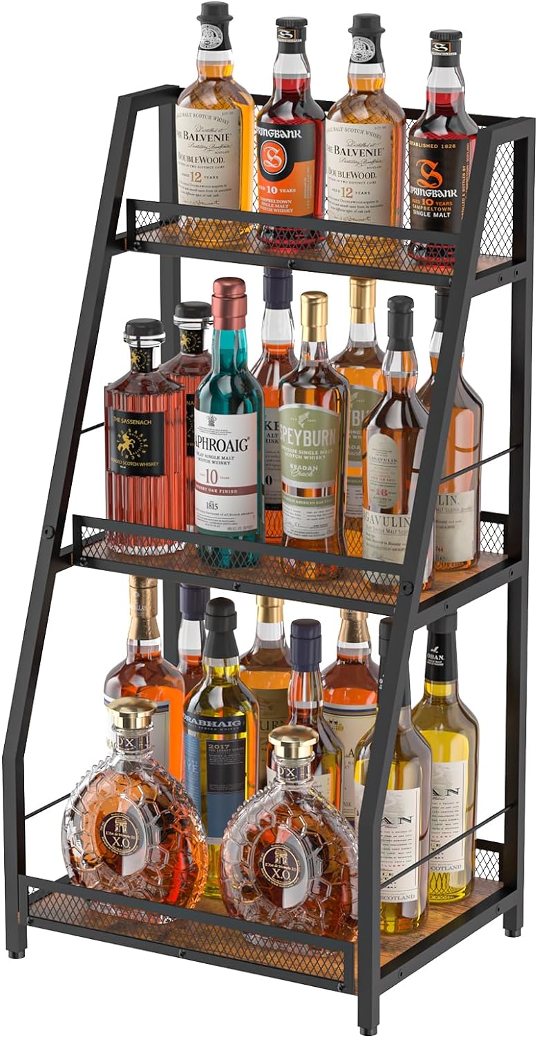 3-Tier Trapezoid Liquor Stand for Home Bar, Stepped Wine Racks Freestanding Floor for Liquor Whiskey Wine,Versatile Corner Wine Bottle Display Stand with Fences, Vintage Brown（Patent Pending）