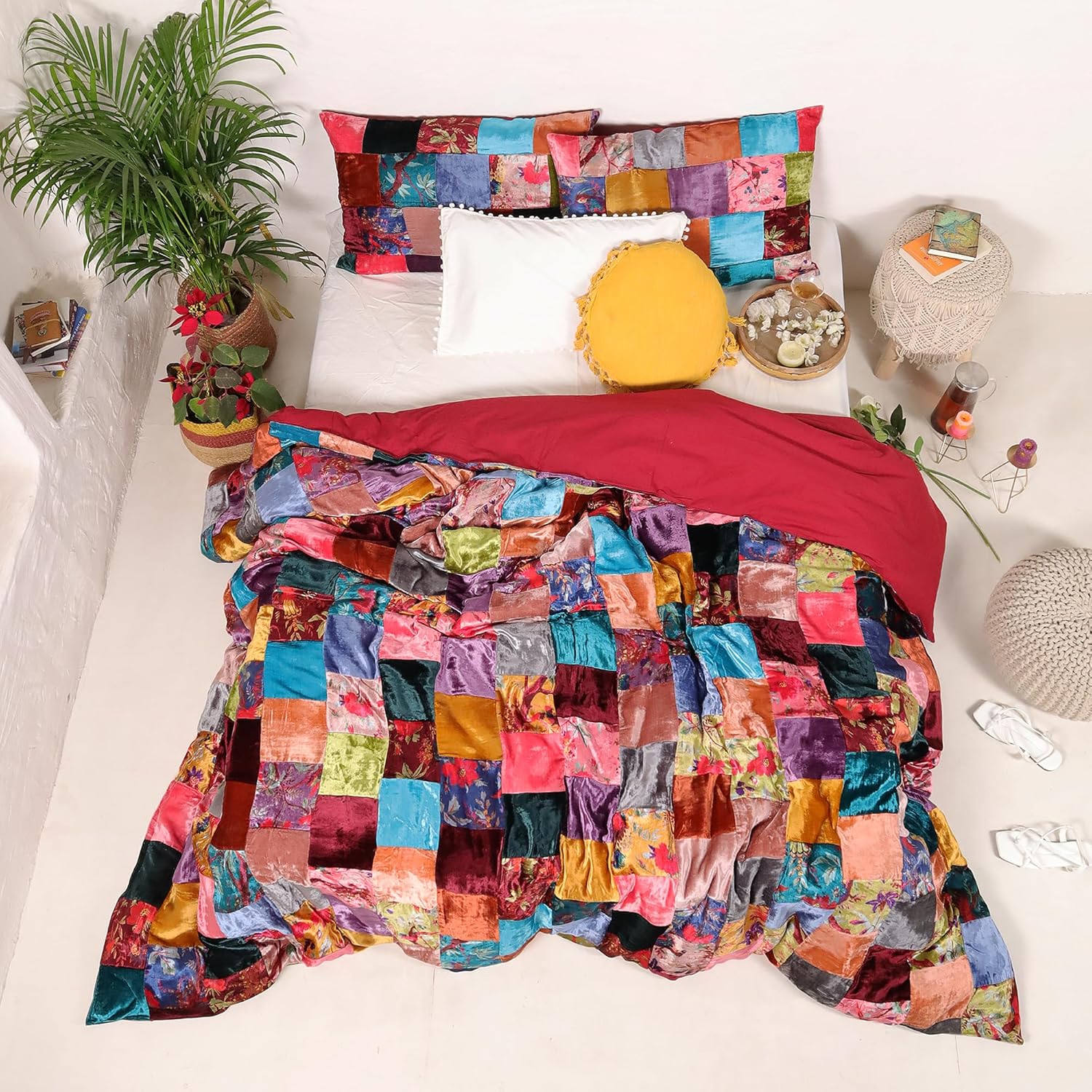Sophia-Art 3 Pcs Set Ultra Luxury Rayon Velvet Solid Pattern Bedding Cover Comforter Cover with 2 Pillow Shames UO Comforter (Patch Assorted, Oversized King 120x120")