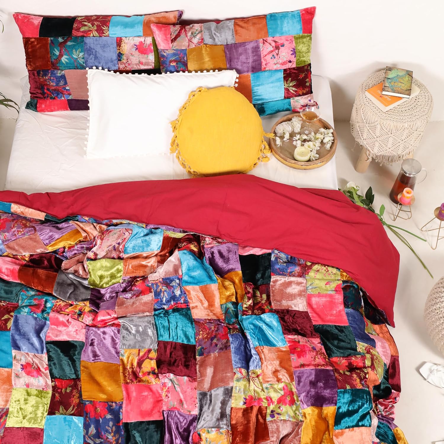 Sophia-Art, 3-delige set van ultraluxe rayon fluweel, beddengoed met stevig patroon, dekbedovertrek met 2 kussens, shames, UO dekbed (verschillende patches, extra groot, 120 x 120 cm)