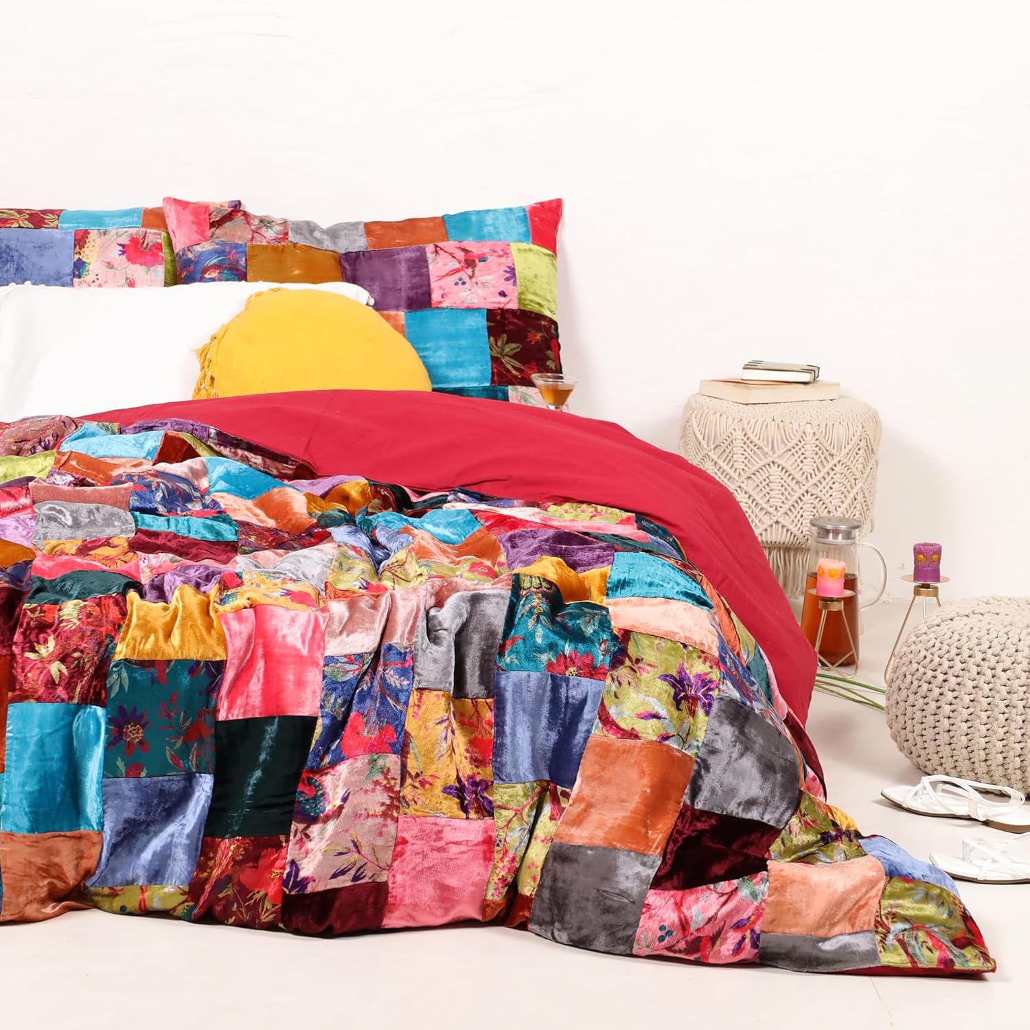 Sophia-Art, 3-delige set van ultraluxe rayon fluweel, beddengoed met stevig patroon, dekbedovertrek met 2 kussens, shames, UO dekbed (verschillende patches, extra groot, 120 x 120 cm)