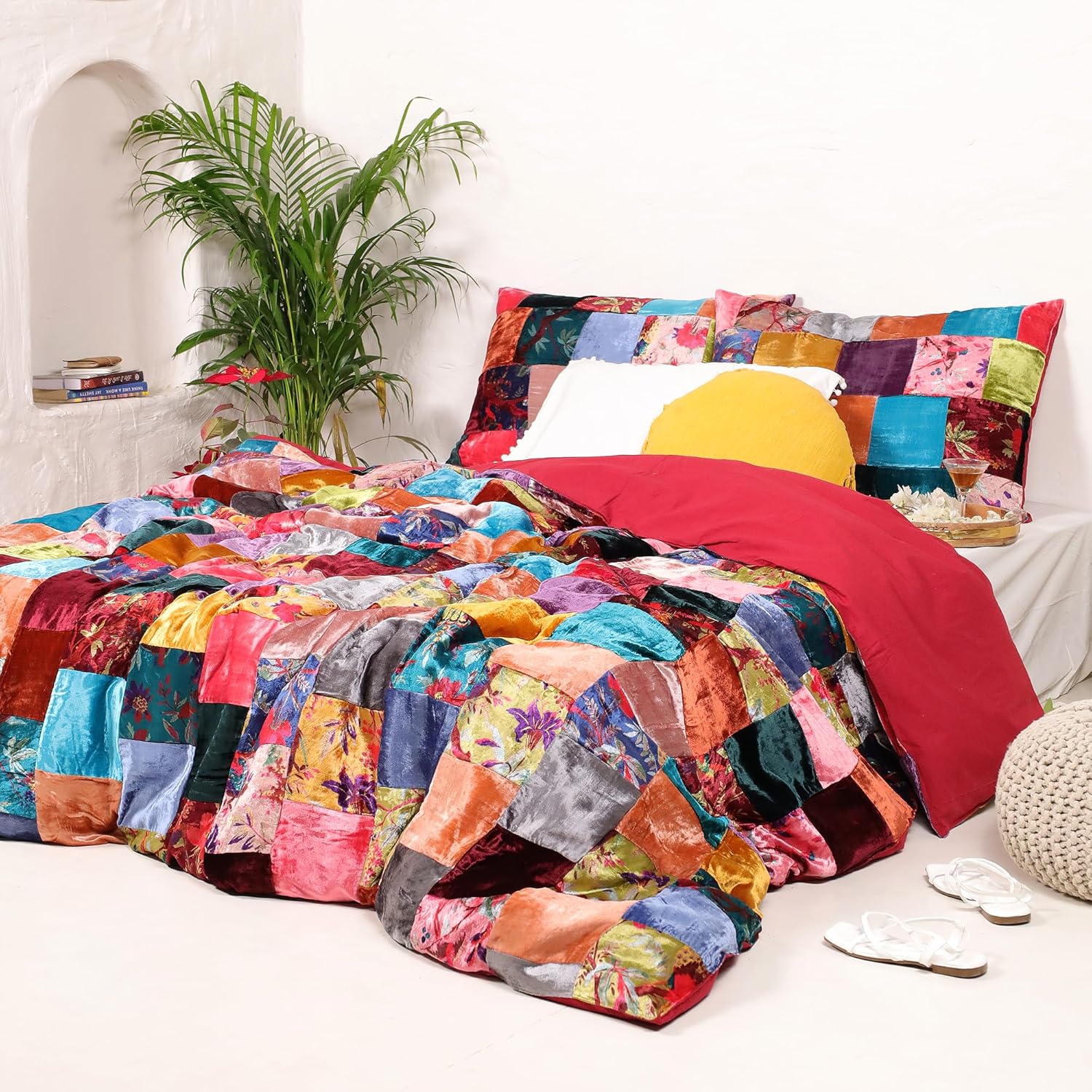 Sophia-Art, 3-delige set van ultraluxe rayon fluweel, beddengoed met stevig patroon, dekbedovertrek met 2 kussens, shames, UO dekbed (verschillende patches, extra groot, 120 x 120 cm)
