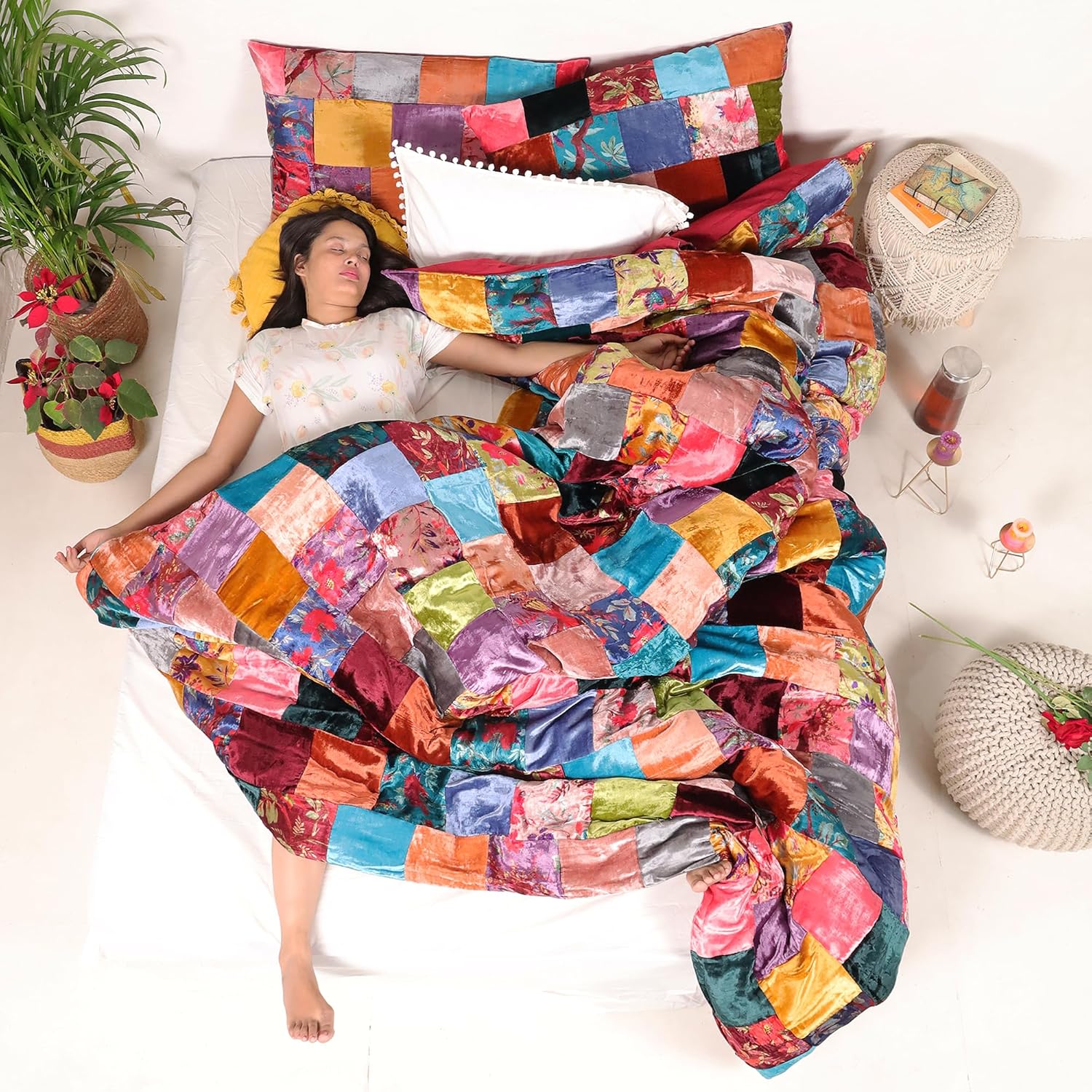 Sophia-Art, 3-delige set van ultraluxe rayon fluweel, beddengoed met stevig patroon, dekbedovertrek met 2 kussens, shames, UO dekbed (verschillende patches, extra groot, 120 x 120 cm)