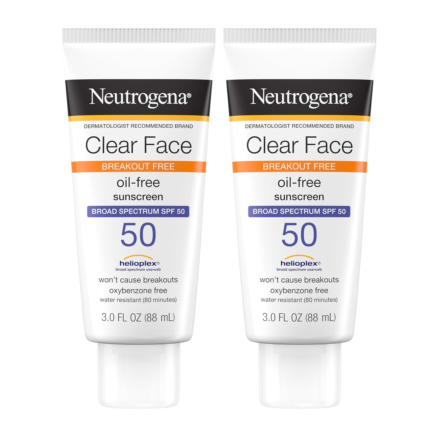 Neutrogena Clear Face Sunscreen Lotion for Acne-Prone Skin, Broad Spectrum SPF 50 Facial Sunscreen for Oily Skin, Oil-, Fragrance-  Oxybenzone-Free Water Resistant Sunscreen, Twin Pack, 2 x 3 fl. oz