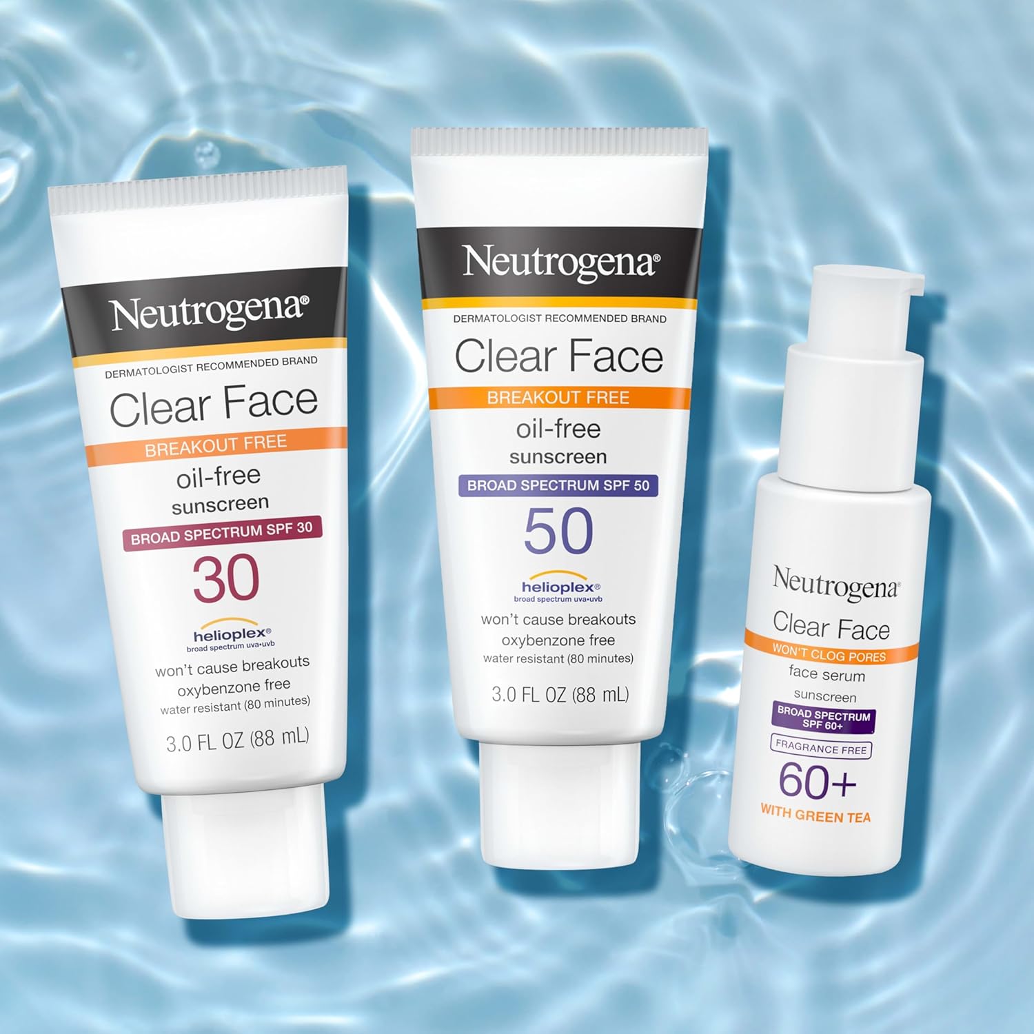 Neutrogena Clear Face Sonnenschutzlotion für zu Akne neigende Haut, Breitspektrum SPF 50 Gesichts-Sonnenschutz für fettige Haut, öl-, parfüm- und oxybenzonfreier, wasserfester Sonnenschutz, Doppelpack, 2 x 3 fl. oz