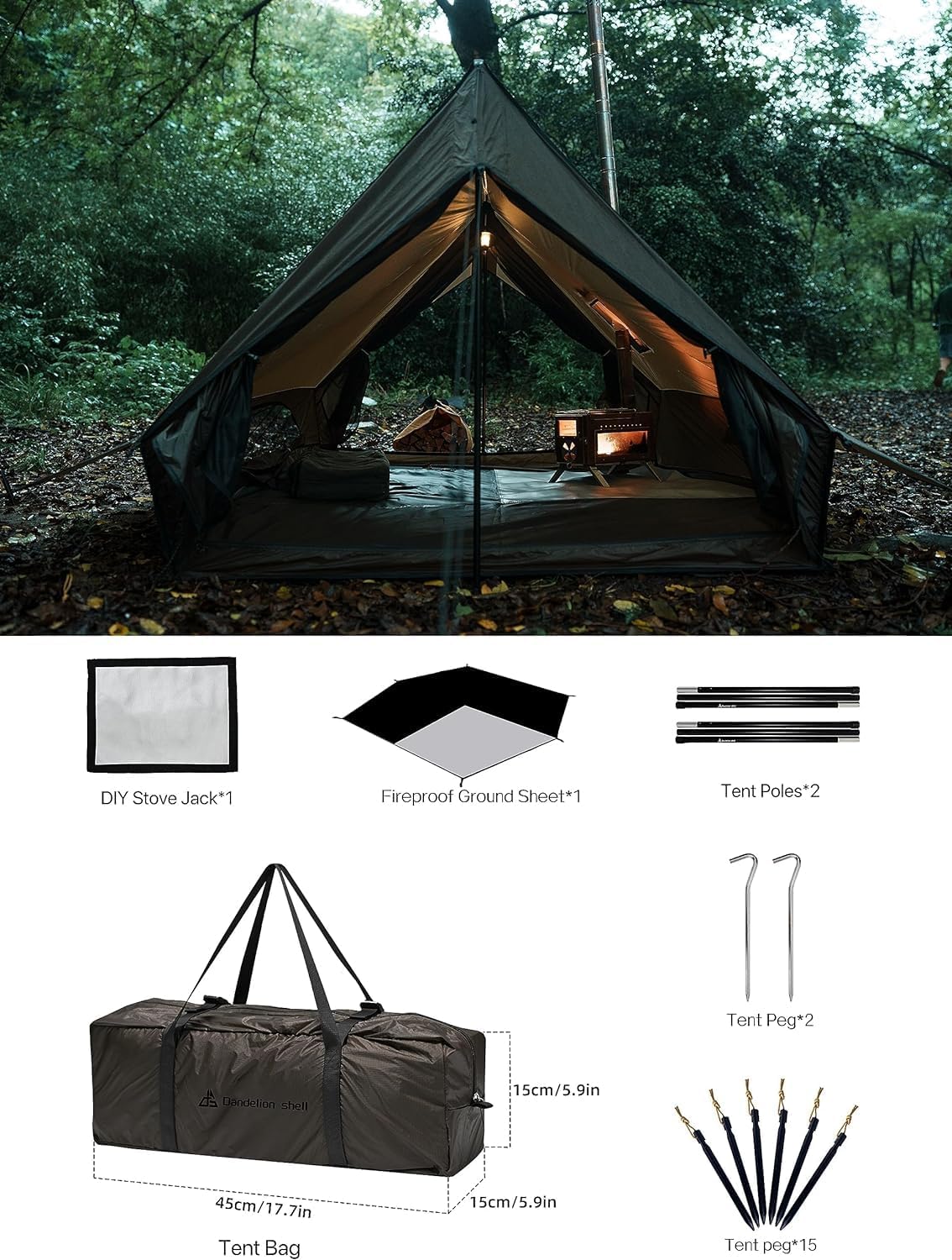Hot Tent Campingzelt für 4 Jahreszeiten, Außenzelt, Winterzelt, Zelt für 1, 2, 3, 4 Personen, für Camping, Wandern, Jagen, Angeln, Wasserdicht, Winddicht, Leicht