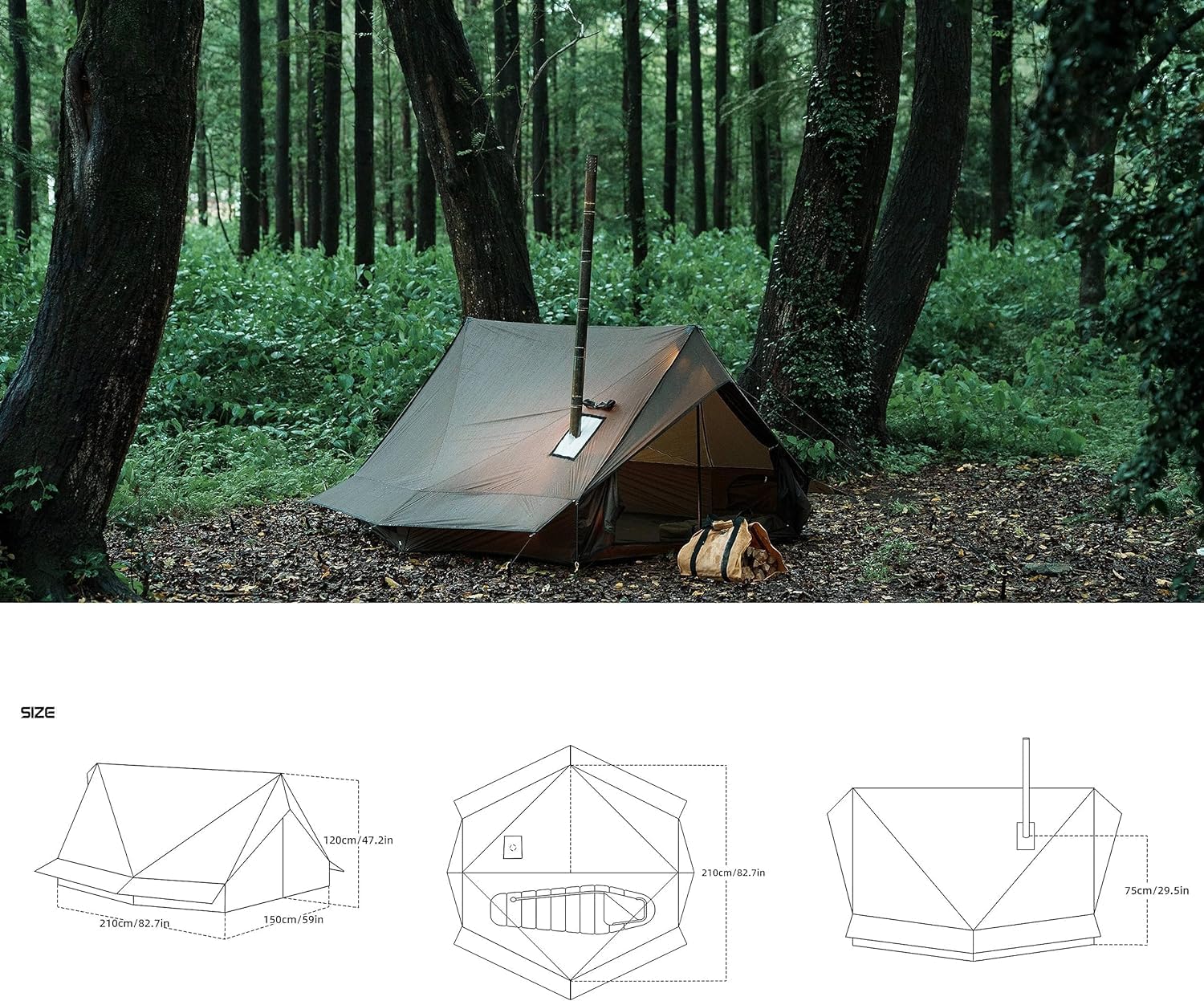 Hot Tent Campingzelt für 4 Jahreszeiten, Außenzelt, Winterzelt, Zelt für 1, 2, 3, 4 Personen, für Camping, Wandern, Jagen, Angeln, Wasserdicht, Winddicht, Leicht