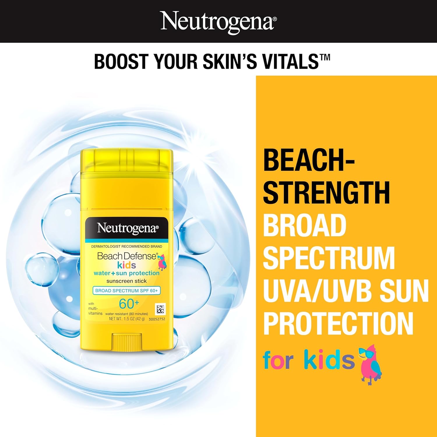 Neutrogena Beach Defense Kids Sunscreen Stick, Water-Resistant Sunscreen for Children, Broad Spectrum SPF 60 for UVA/UVB Sun Protection, Oxybenzone-Free Sunscreen, 1.5 oz, 2 Pack