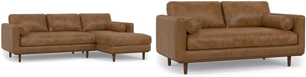 SIMPLIHOME Morrison 2-Seater  Right Sectional Sofas in Genuine Leather, Caramel Brown, 72-inch-Wide Loveseat amp; 102-inch-wide L-Shaped Sofa with Right Chaise, Couches for Living Room, 2-Piece Set · v2