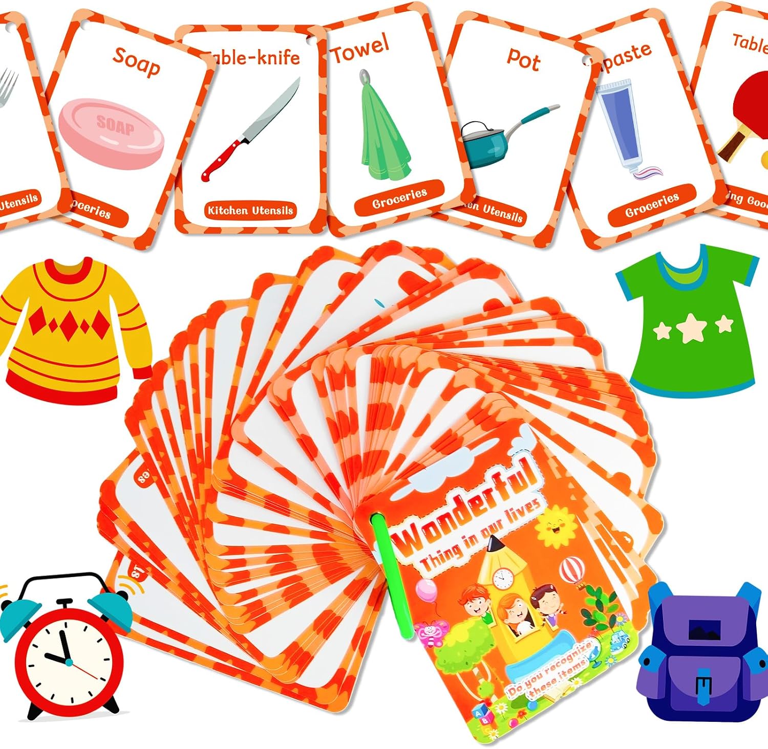 50 Everyday Objects Awareness Flashcards for Kids,Waterproof Daily Necessity Education Cards, Childrens Educational Card, Double-Sided Fun Educational Toy Cards for Toddles