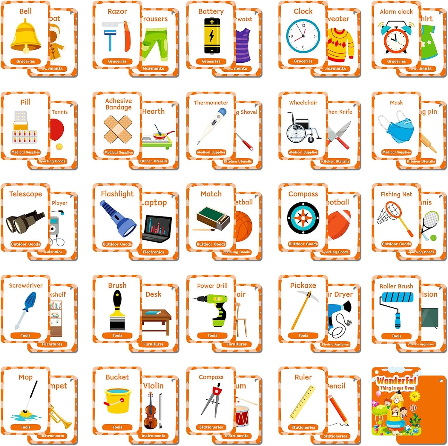 50 Everyday Objects Awareness Flashcards for Kids,Waterproof Daily Necessity Education Cards, Childrens Educational Card, Double-Sided Fun Educational Toy Cards for Toddles