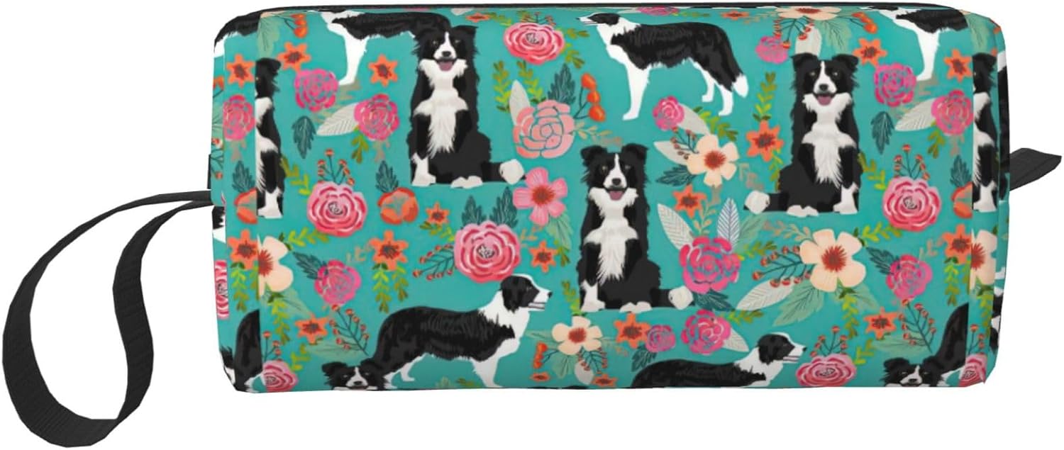 Borsa portaoggetti quotidiana con stampa floreale Border Collie, semplice custodia portatile portatile, borsa da viaggio con cerniera per il trucco, può contenere necessità quotidiane, strumenti, cosmetici, articoli da toeletta e così via