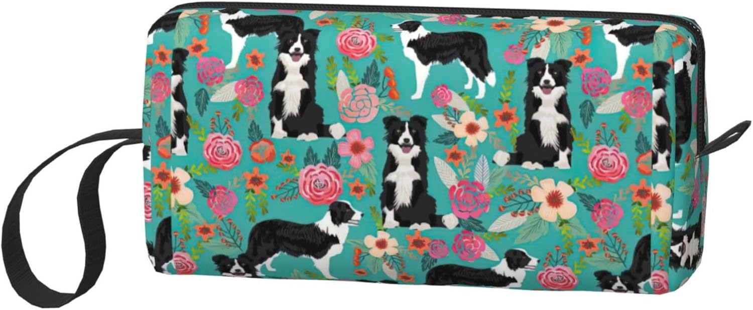 Borsa portaoggetti quotidiana con stampa floreale Border Collie, semplice custodia portatile portatile, borsa da viaggio con cerniera per il trucco, può contenere necessità quotidiane, strumenti, cosmetici, articoli da toeletta e così via