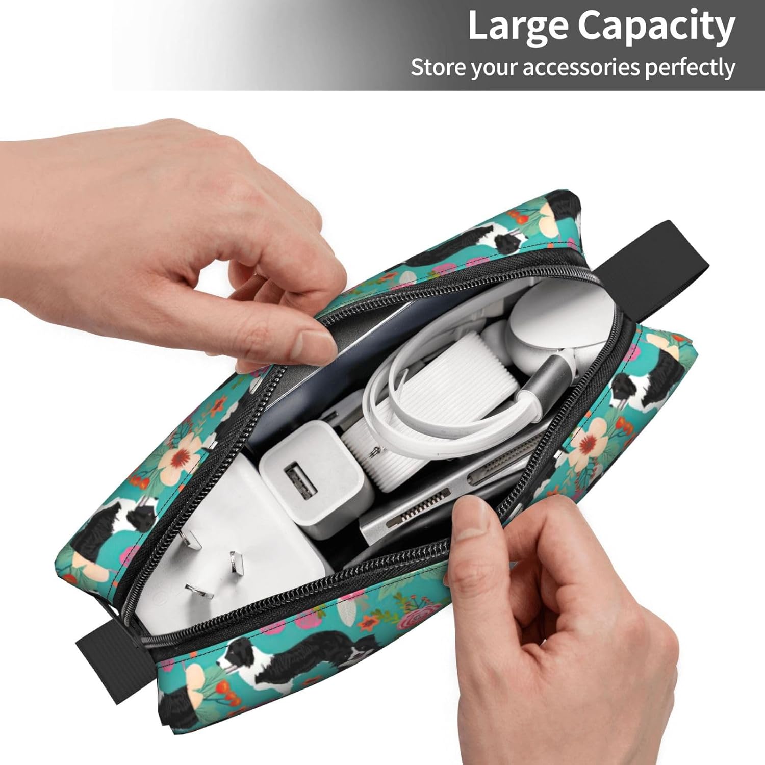Borsa portaoggetti quotidiana con stampa floreale Border Collie, semplice custodia portatile portatile, borsa da viaggio con cerniera per il trucco, può contenere necessità quotidiane, strumenti, cosmetici, articoli da toeletta e così via