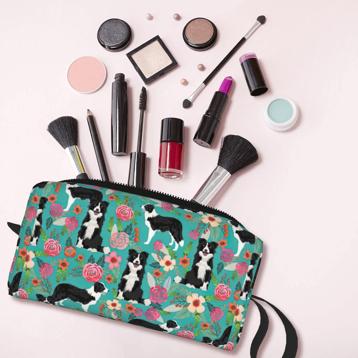 Borsa portaoggetti quotidiana con stampa floreale Border Collie, semplice custodia portatile portatile, borsa da viaggio con cerniera per il trucco, può contenere necessità quotidiane, strumenti, cosmetici, articoli da toeletta e così via