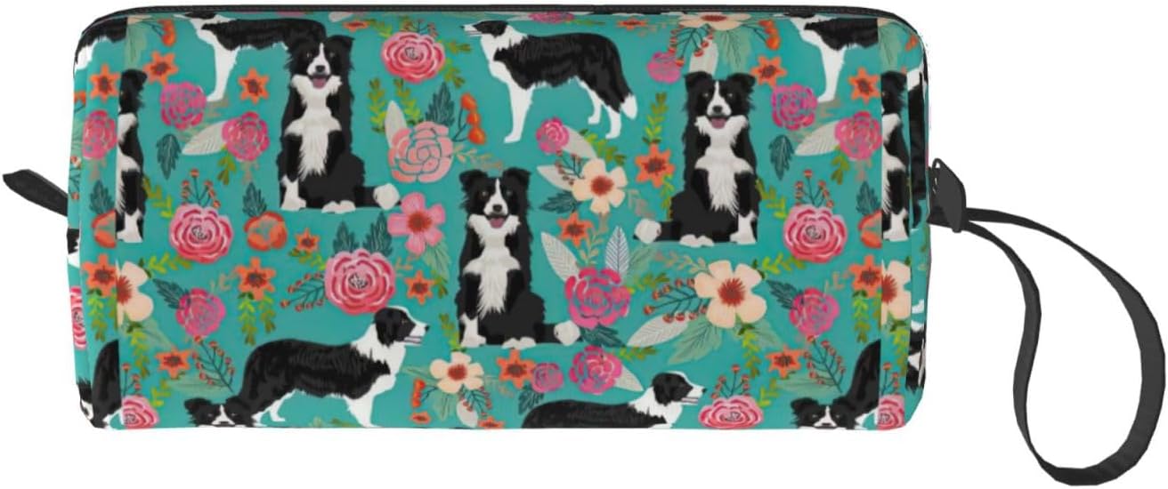 Borsa portaoggetti quotidiana con stampa floreale Border Collie, semplice custodia portatile portatile, borsa da viaggio con cerniera per il trucco, può contenere necessità quotidiane, strumenti, cosmetici, articoli da toeletta e così via