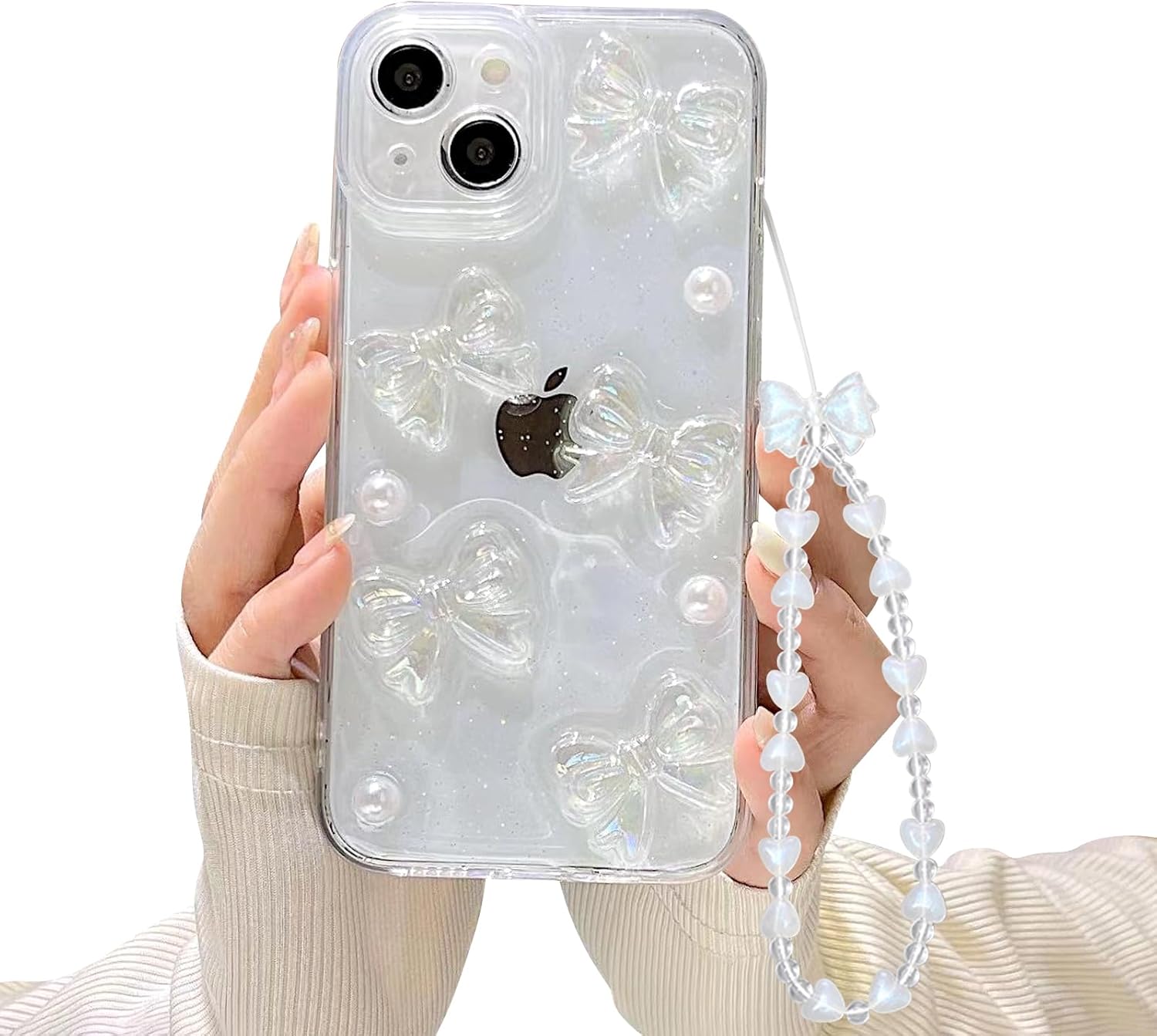 Ownest compatibile con iPhone 15, custodia con graziosi fiocchi 3D trasparenti e motivi estetici perlati per donne e ragazze adolescenti, retro scintillante con glitter e catena protettiva per telefono con protezione completa dell'obiettivo