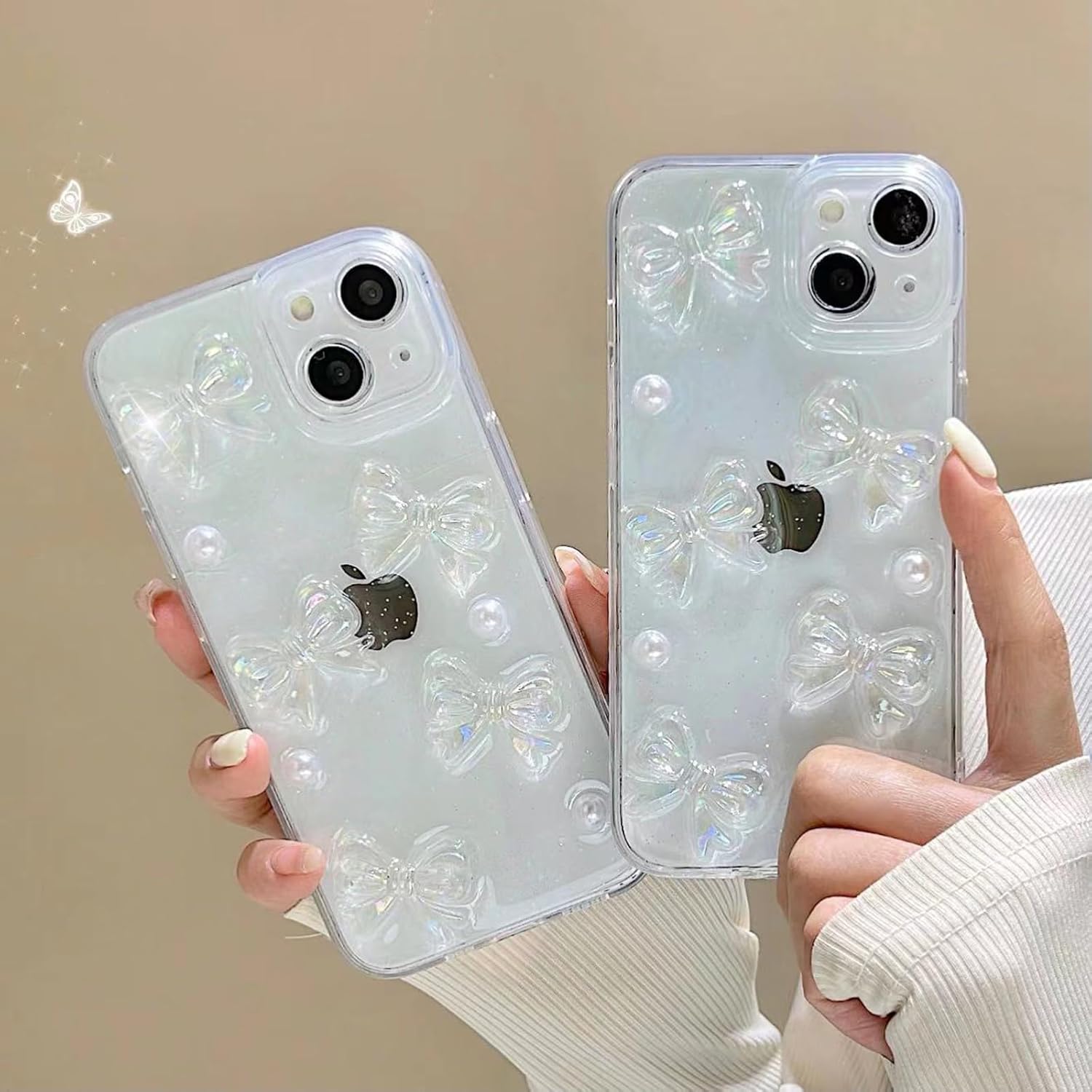 Ownest Compatible with iPhone 15 Case with Clear Cute 3D Bowknots and Pearl Aesthetic Patterns for Women Teen Girls, Glitter Sparkle Back and Full Lens Protection Protective Phone Case Cover   Chain
