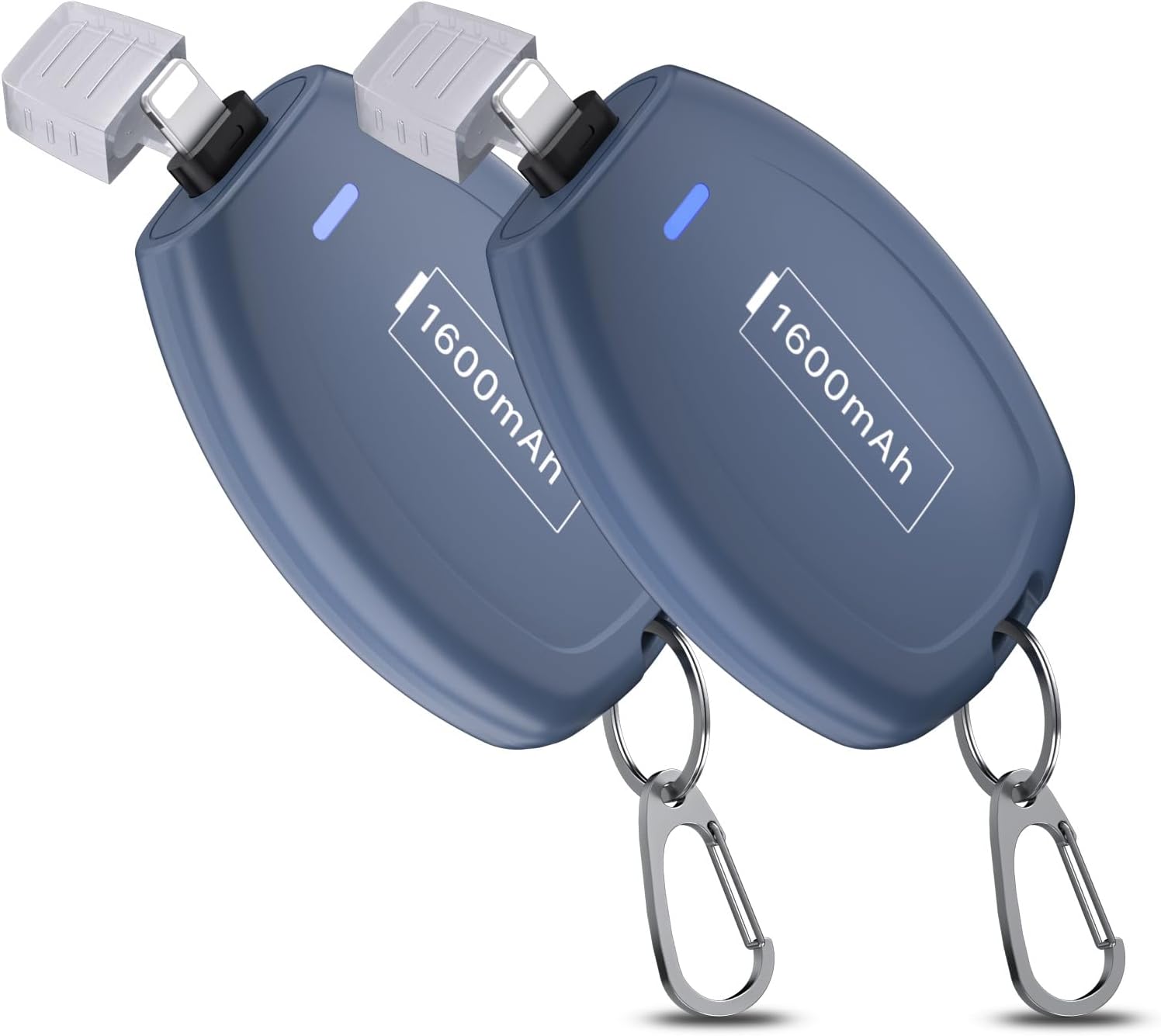 Lot de 2 chargeurs portables avec porte-clés LCLEBM pour iPhone, mini-chargeur portable 1600 mAh, mini-batterie externe pour téléphone, prise d'alimentation de secours ultra compacte et à chargement rapide, bleu