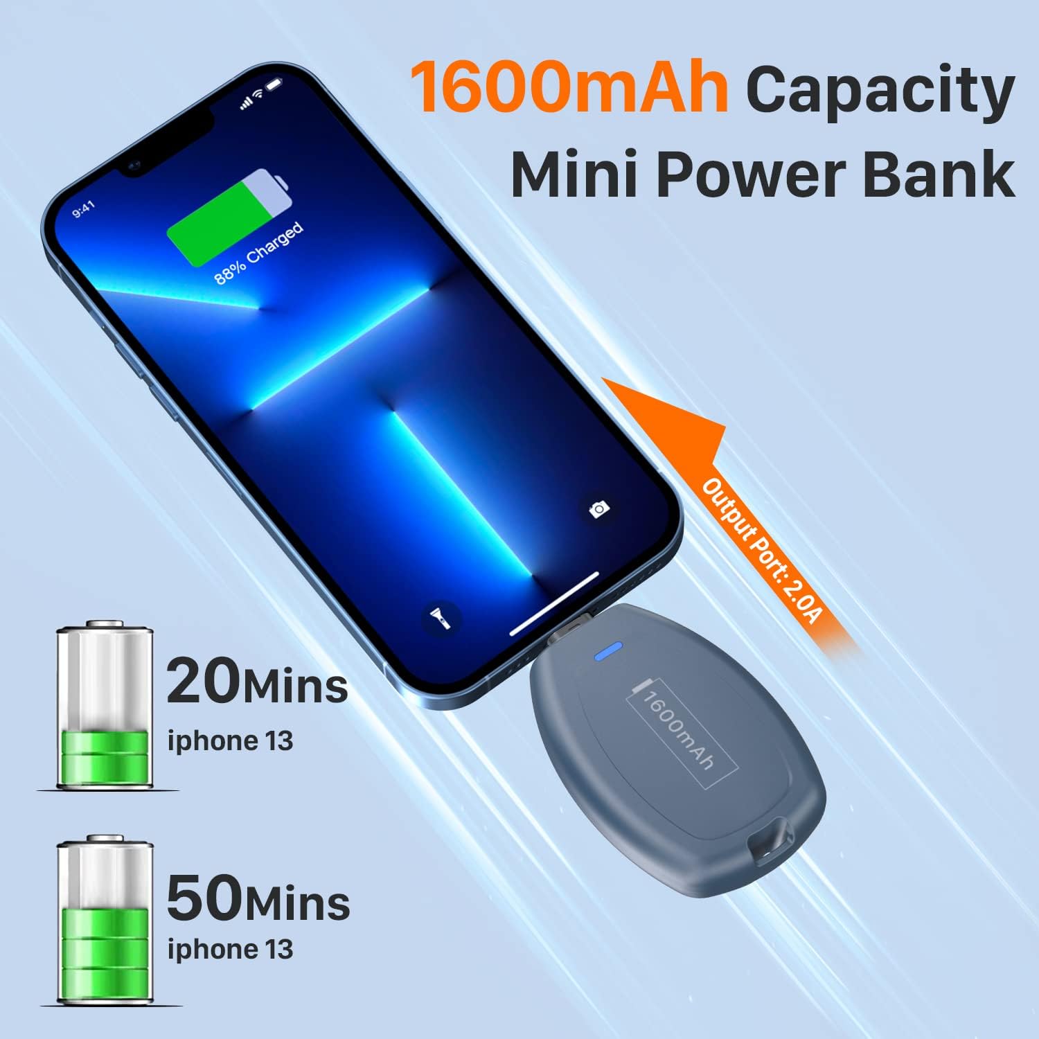 LCLEBM 2 Pack Keychain Portable Charger for iPhone, 1600mAh Ultra Small Portable Power Pod Mini Phone Power Bank, Ultra-Compact and Fast Charging Emergency Power Pod-Blue