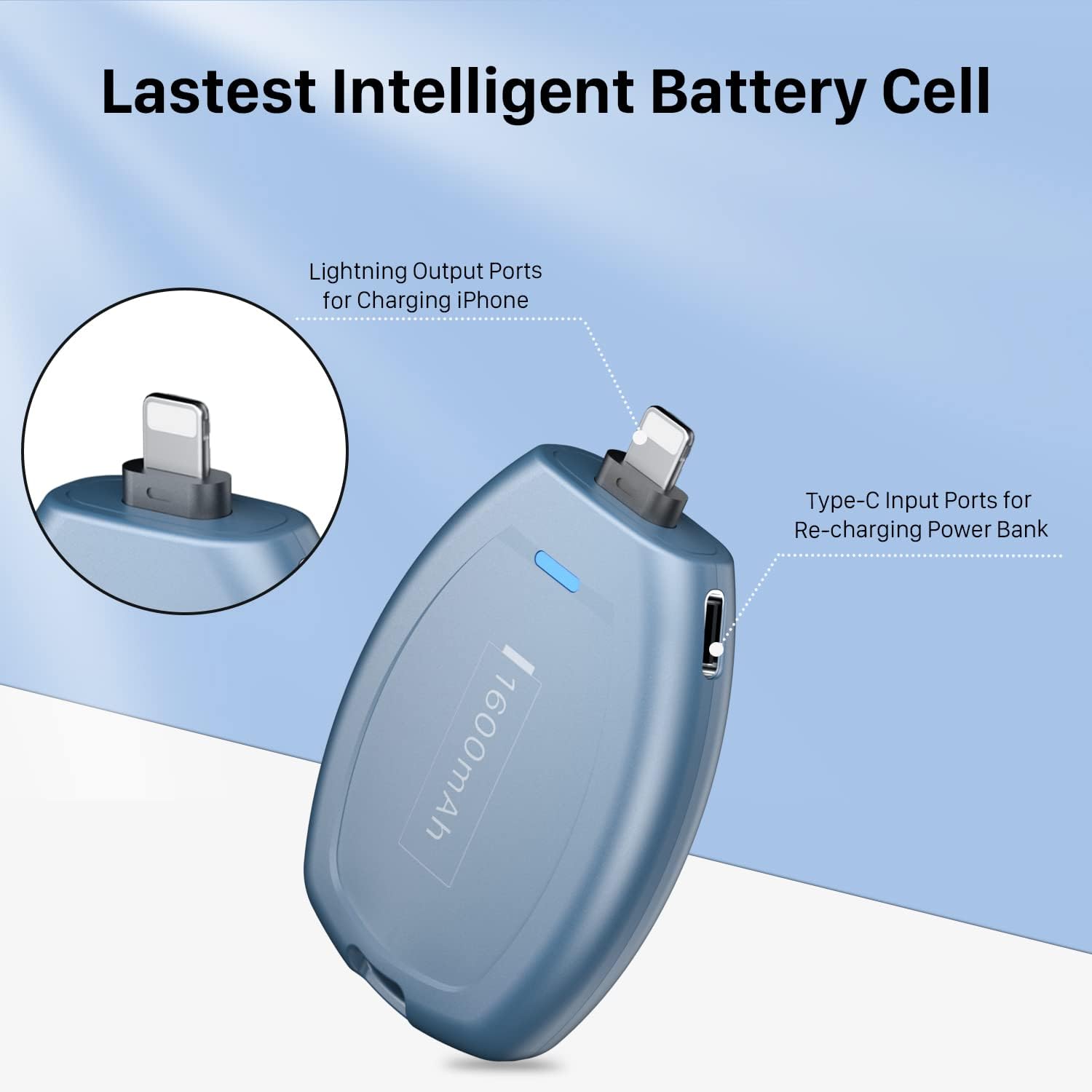 LCLEBM 2 Pack Keychain Portable Charger for iPhone, 1600mAh Ultra Small Portable Power Pod Mini Phone Power Bank, Ultra-Compact and Fast Charging Emergency Power Pod-Blue