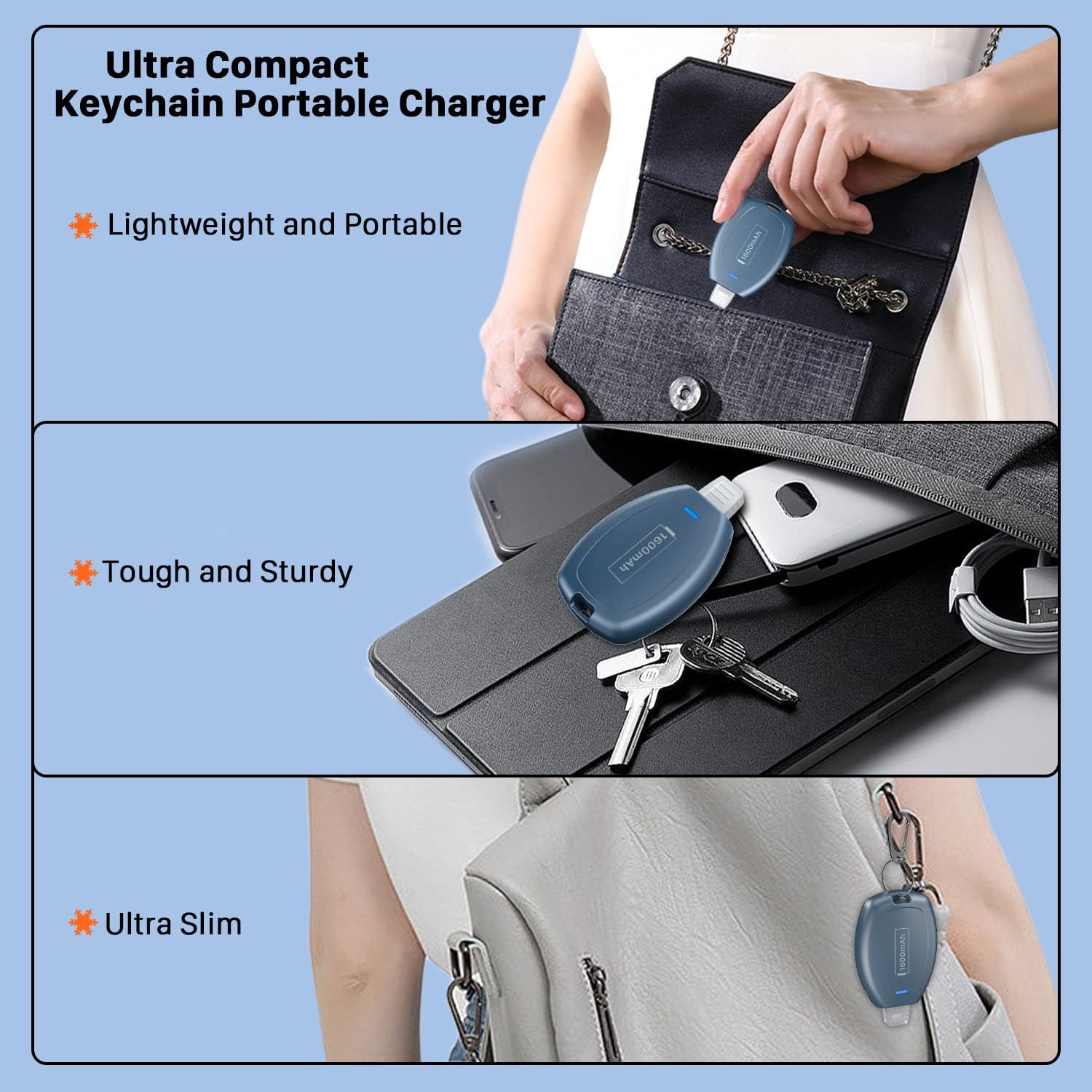LCLEBM 2 Pack Keychain Portable Charger for iPhone, 1600mAh Ultra Small Portable Power Pod Mini Phone Power Bank, Ultra-Compact and Fast Charging Emergency Power Pod-Blue