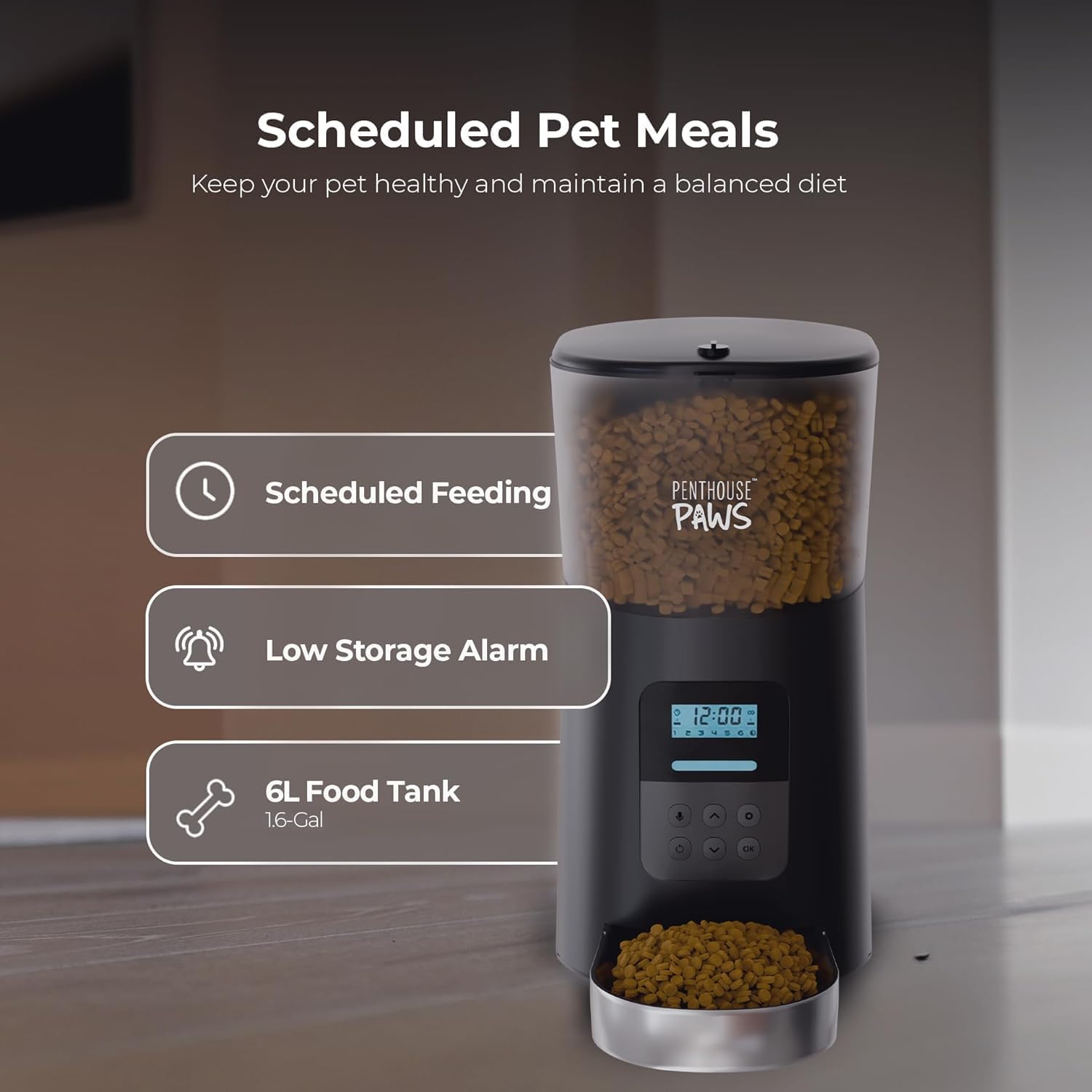 Automatische voerbak voor katten, 6 liter met LCD-scherm, portieregeling voor 6 maaltijden, eenvoudig te reinigen voerbak met bediening via app, dispenser voor kattenvoer met timer, automatische kattenvoerautomaat voor droogvoer