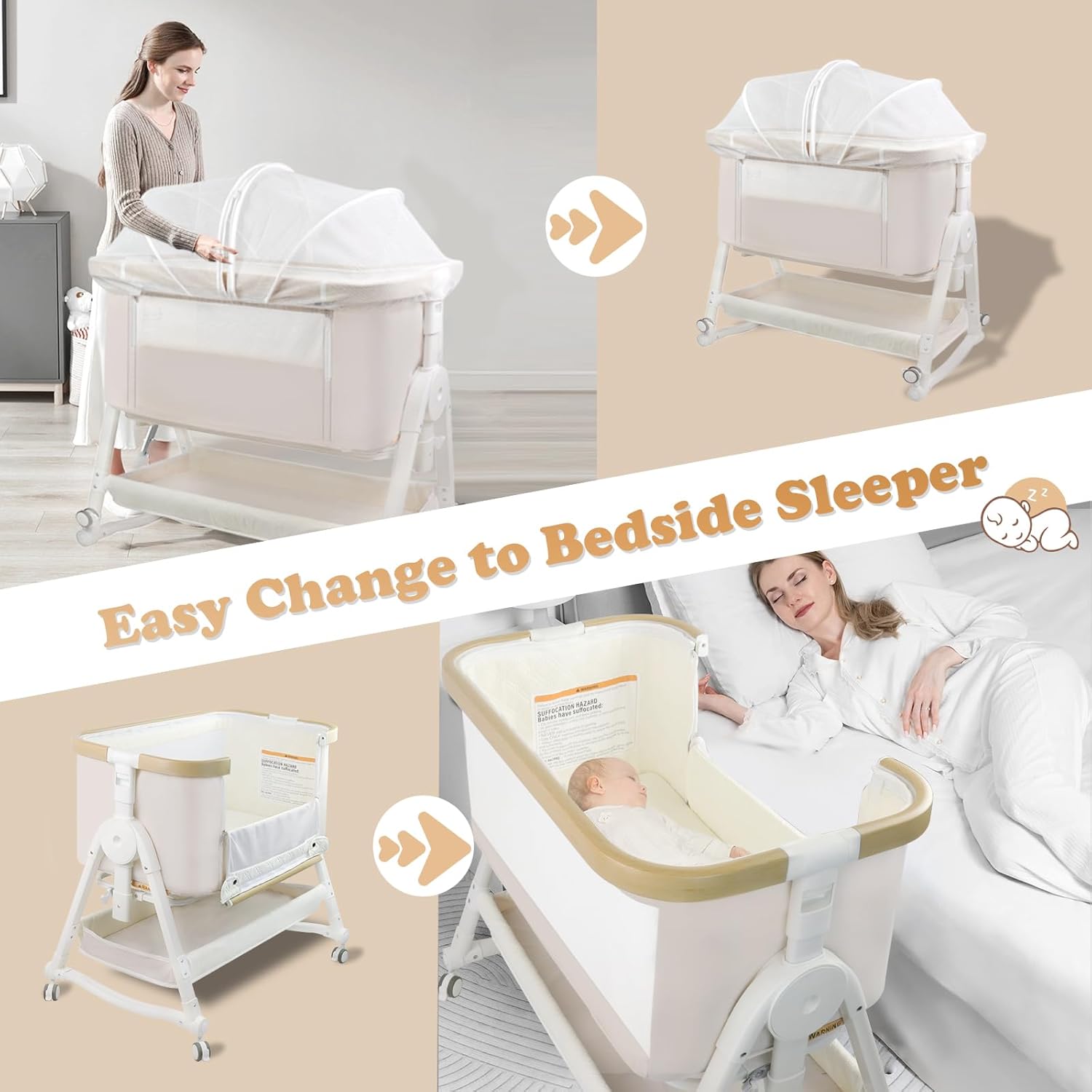 Culla per neonati 4 in 1, Culla da letto con ruote e cesto portaoggetti, Lettino regolabile a 7 altezze con fasciatoio, Culla a dondolo in rete traspirante per neonato/neonato