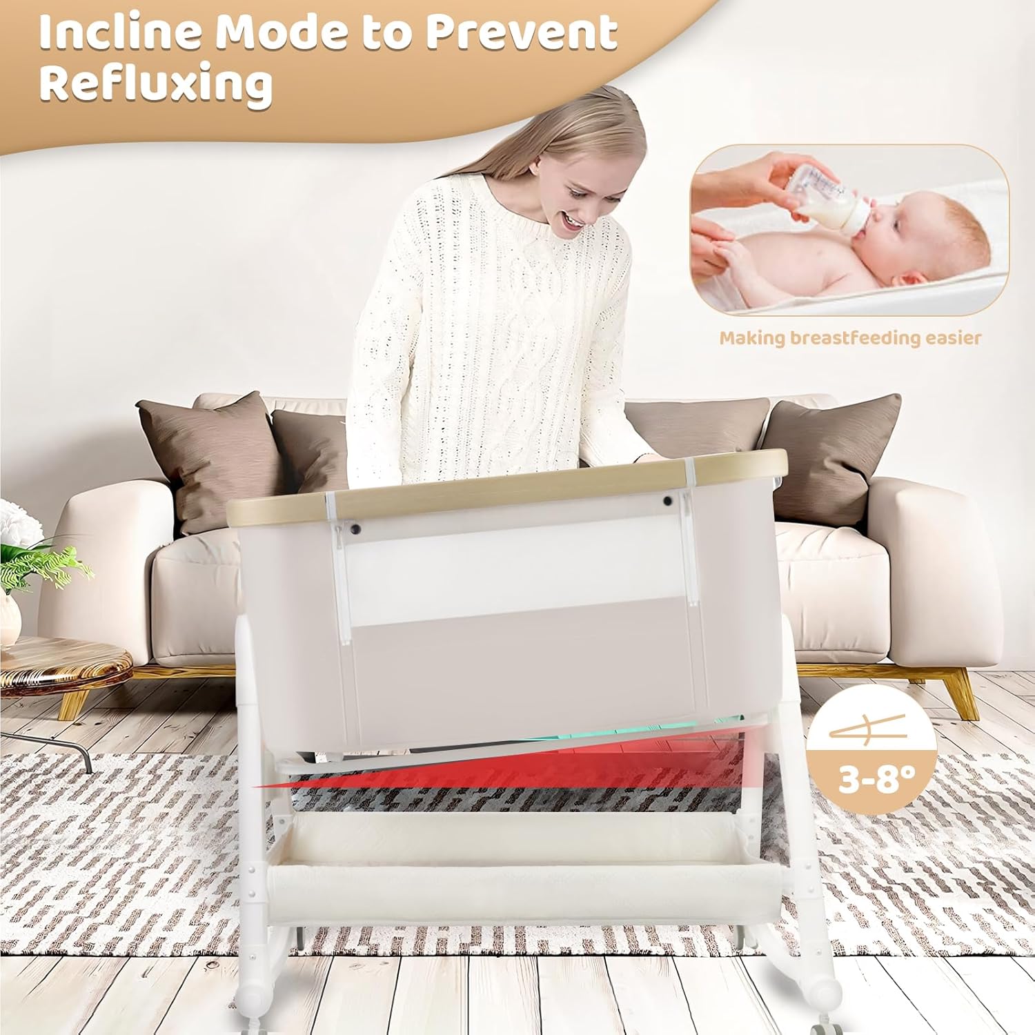 Culla per neonati 4 in 1, Culla da letto con ruote e cesto portaoggetti, Lettino regolabile a 7 altezze con fasciatoio, Culla a dondolo in rete traspirante per neonato/neonato